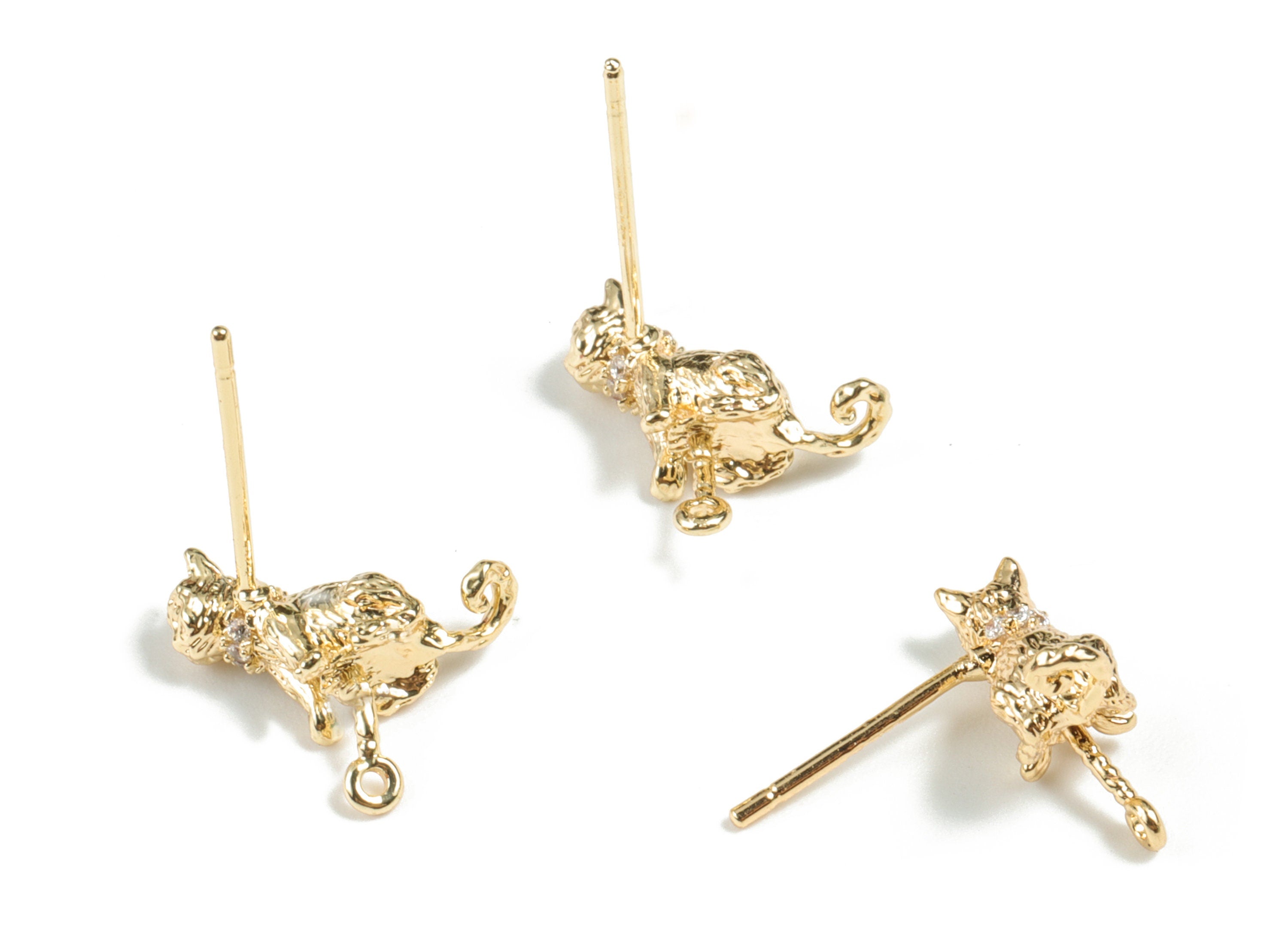 Brass Cat Earring Post - Gold Cat Earring Stud - 18K Real Gold Plated Brass Cat Earring Post - 15.88x12.32x4.96mm - RGP2712 - DOMEDBAZAAR