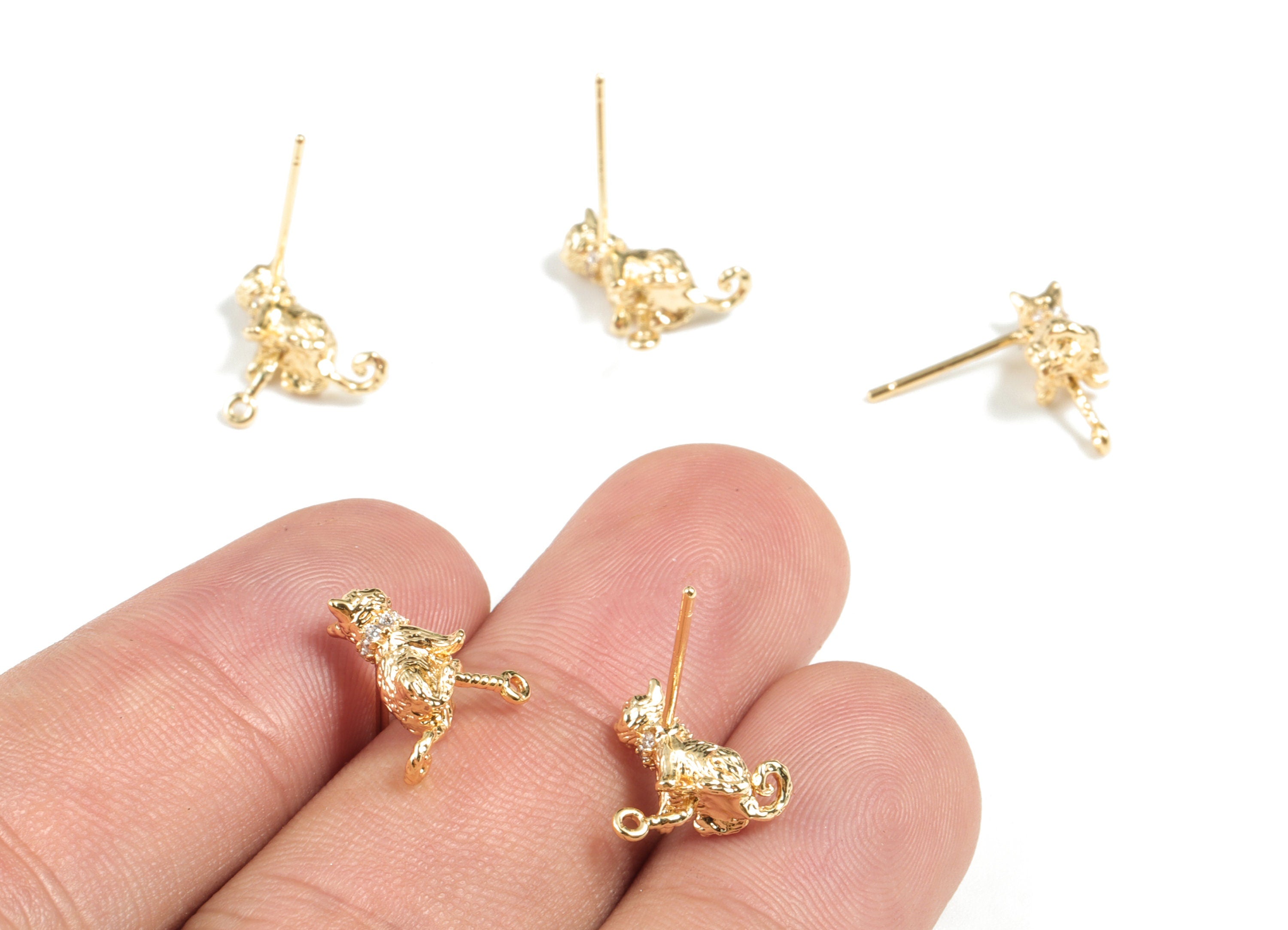 Brass Cat Earring Post - Gold Cat Earring Stud - 18K Real Gold Plated Brass Cat Earring Post - 15.88x12.32x4.96mm - RGP2712 - DOMEDBAZAAR