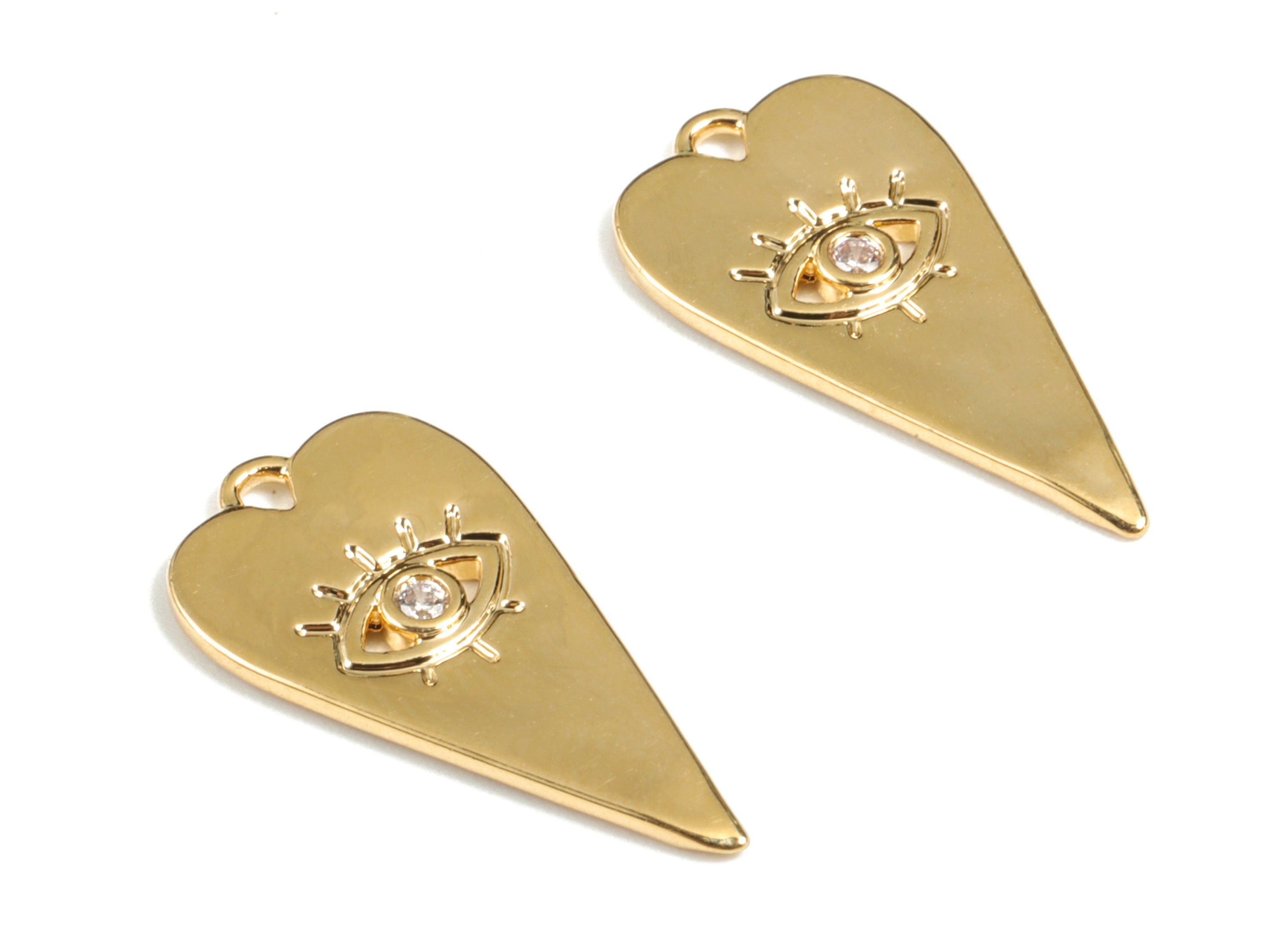Brass Heart Earring Charms - Gold Long Heart Eye Pendant - 18K Real Gold Plated Brass - Jewelry Supplies - 21.53x11.25x1.42mm - RGP2686 - DOMEDBAZAAR