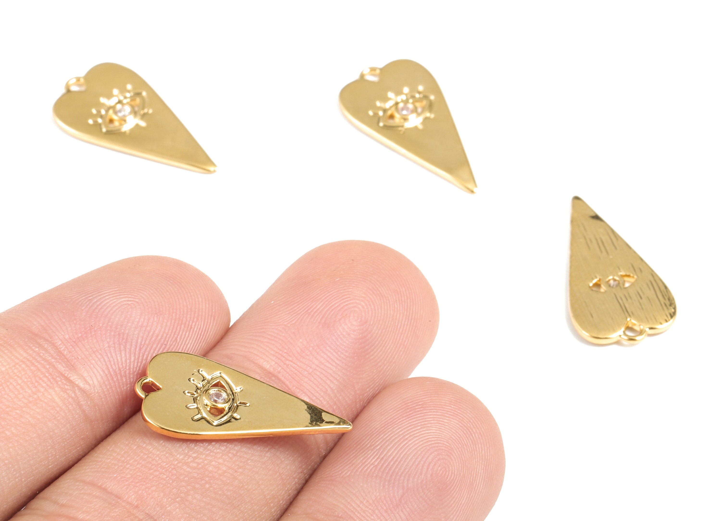 Brass Heart Earring Charms - Gold Long Heart Eye Pendant - 18K Real Gold Plated Brass - Jewelry Supplies - 21.53x11.25x1.42mm - RGP2686 - DOMEDBAZAAR