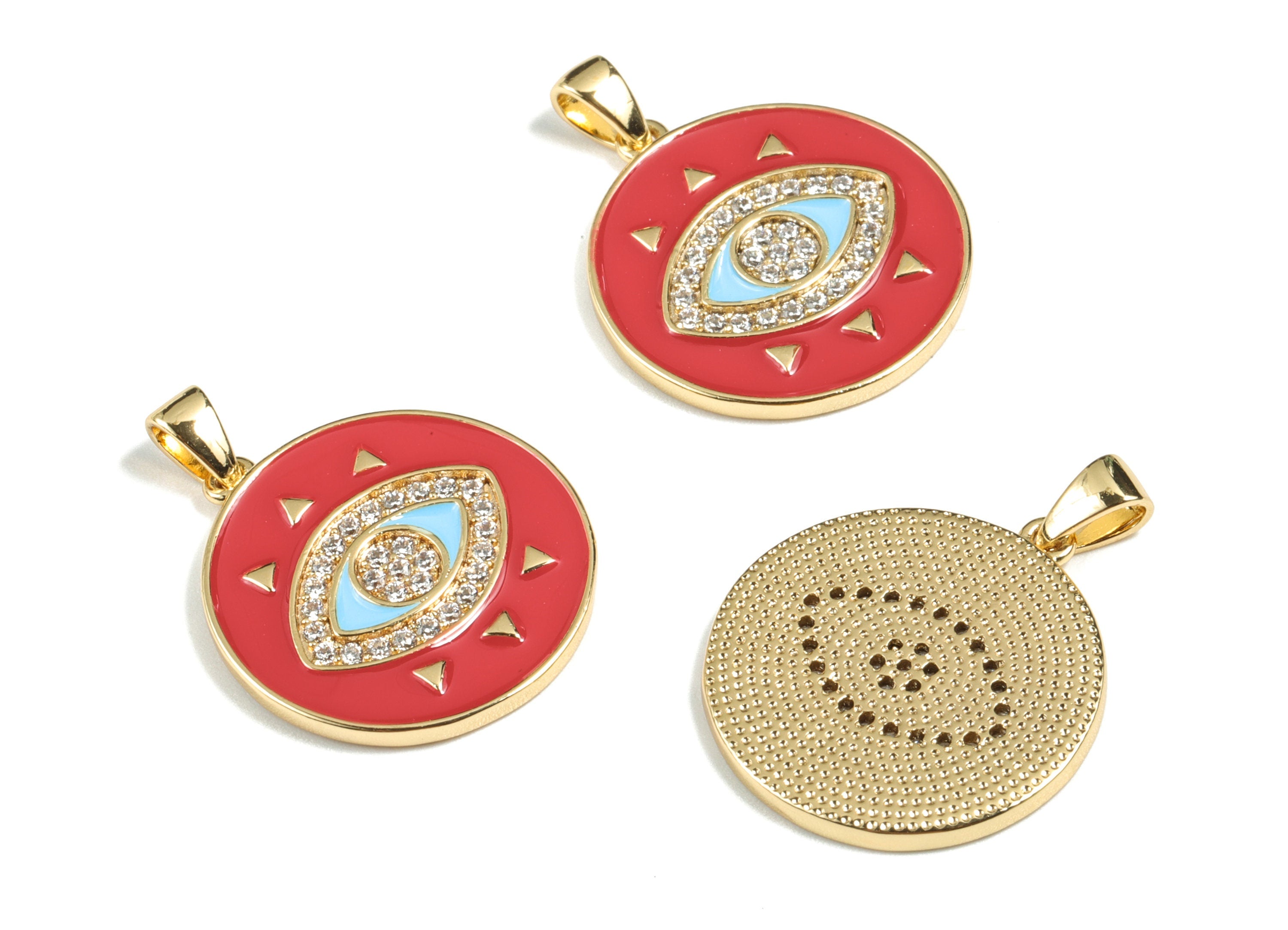 Brass Eye Earring Charms - 18k Real Gold Plated Round Pendant - Enamel Zircon Charm - Jewelry Supplies - 26.52x20.02x1.82mm - RGP2666 - DOMEDBAZAAR