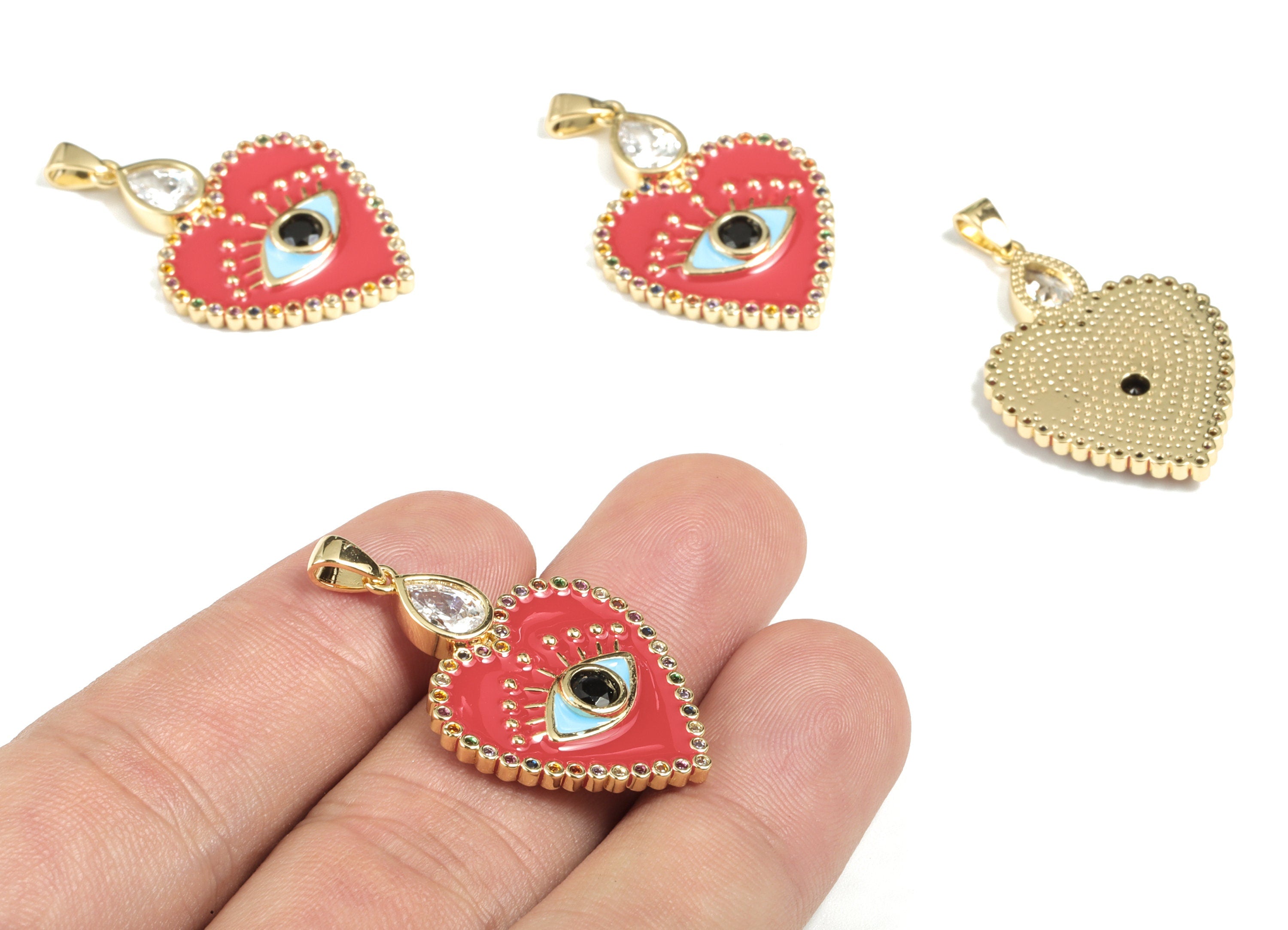 Brass Heart Eye Earring Charms - 18k Real Gold Plated Heart Eye Pendant - Enamel Zircon Charm - 35.39x21.63x3.36mm - RGP2664 - DOMEDBAZAAR