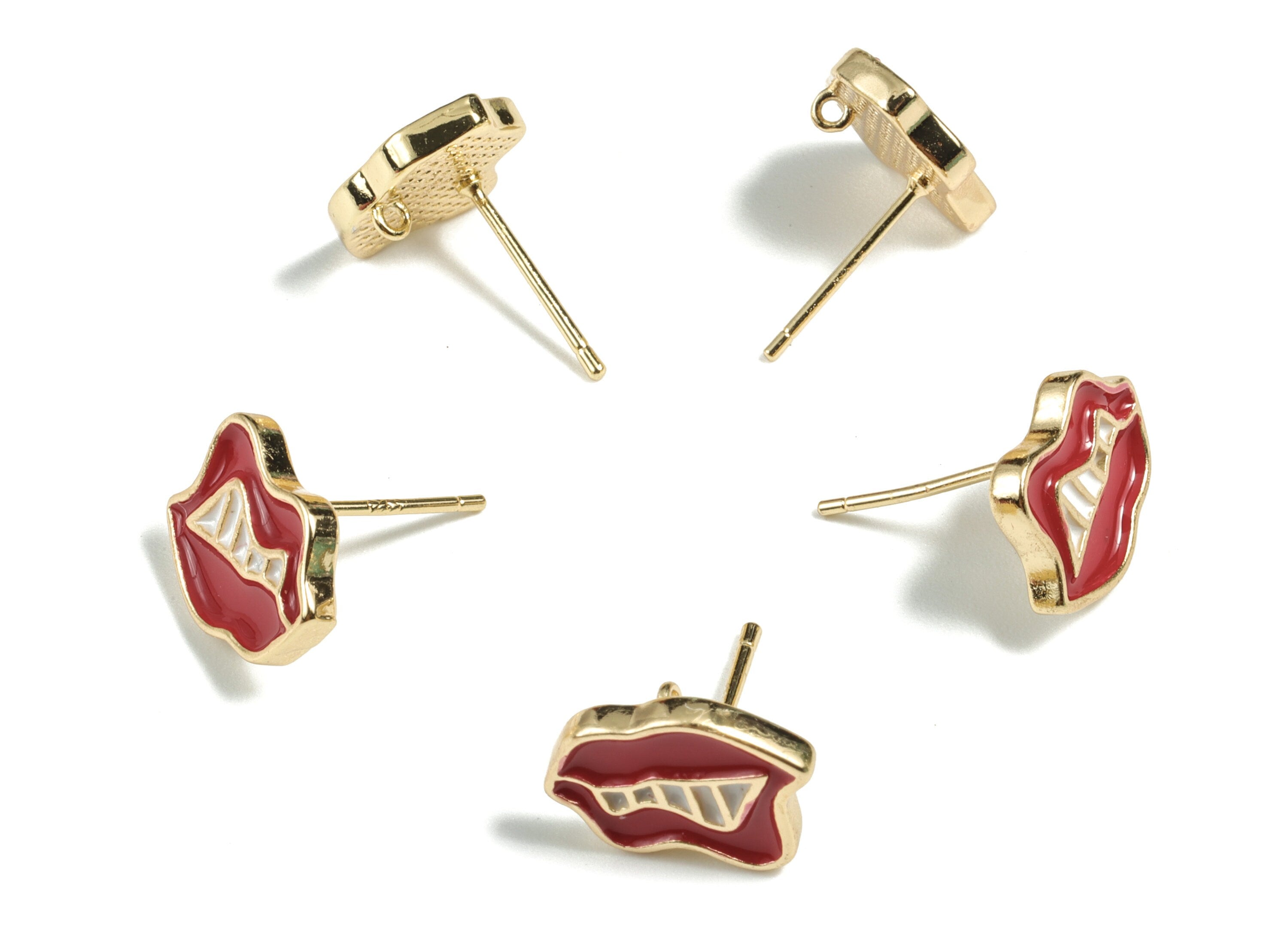 Brass Lip Earring Stud - 18K Real Gold Plated Brass Lip Earring Post - Enamel Red Lip Earring - Jewelry Supplies - 14.2x12x3.74mm - RGP2668 - DOMEDBAZAAR