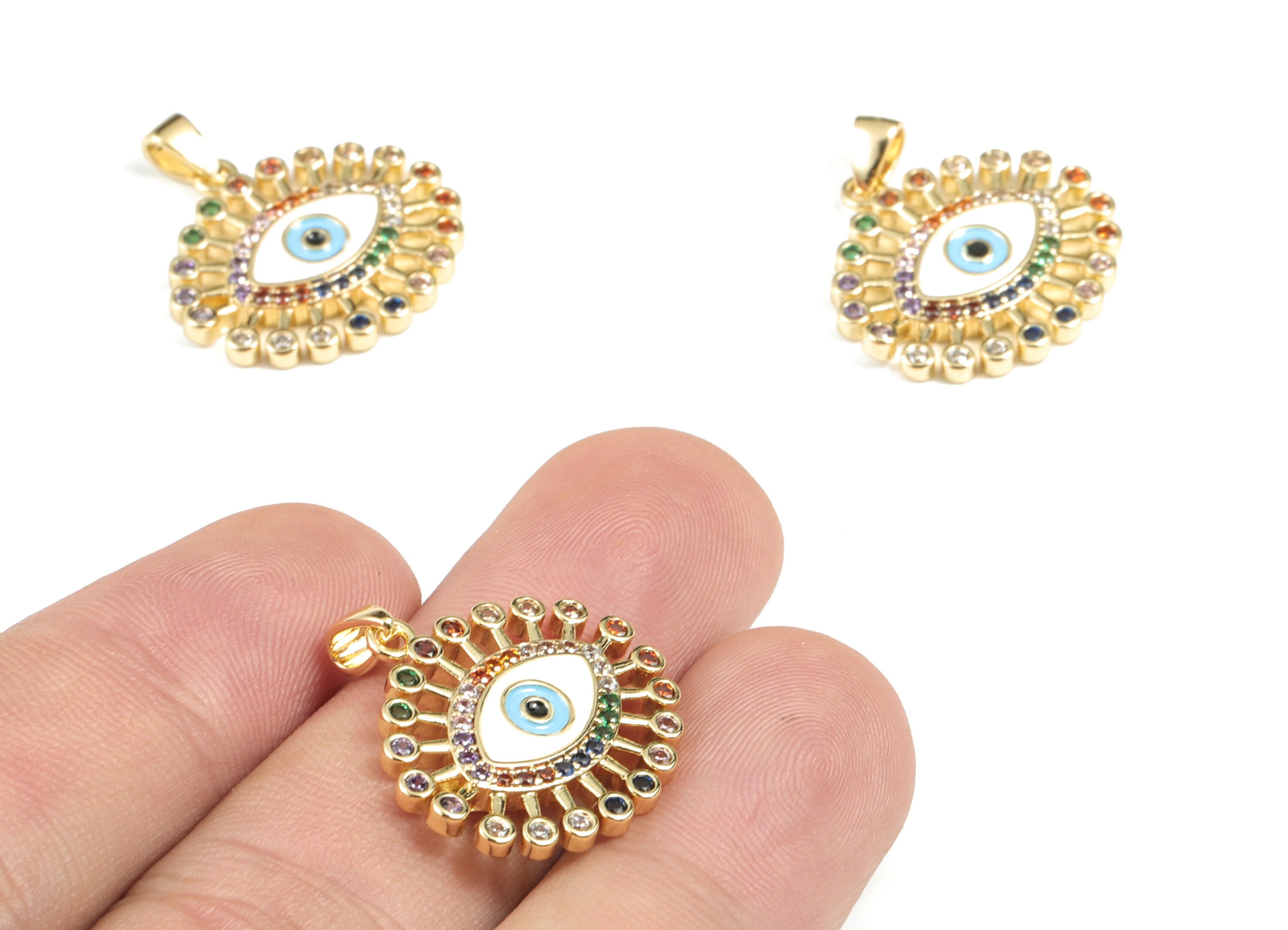 Brass Eye Earring Charms - 18k Real Gold Plated Sun Pendant - Enamel Zircon Charm - Jewelry Supplies - 23.09x22.05x2.41mm - RGP2665 - DOMEDBAZAAR