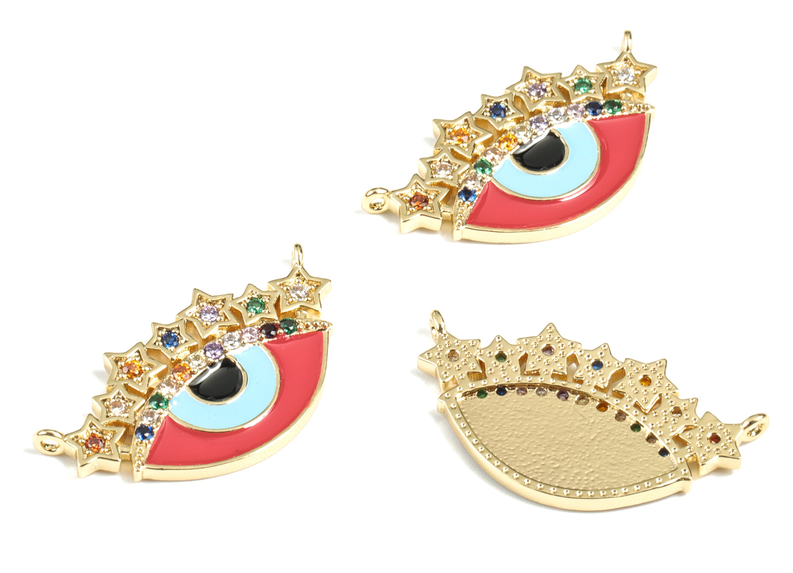 Brass Eye Earring Charms - 18k Real Gold Plated Round Pendant - Enamel Zircon Charm - Jewelry Supplies - 29.08x15.65x2.91mm - RGP2667 - DOMEDBAZAAR