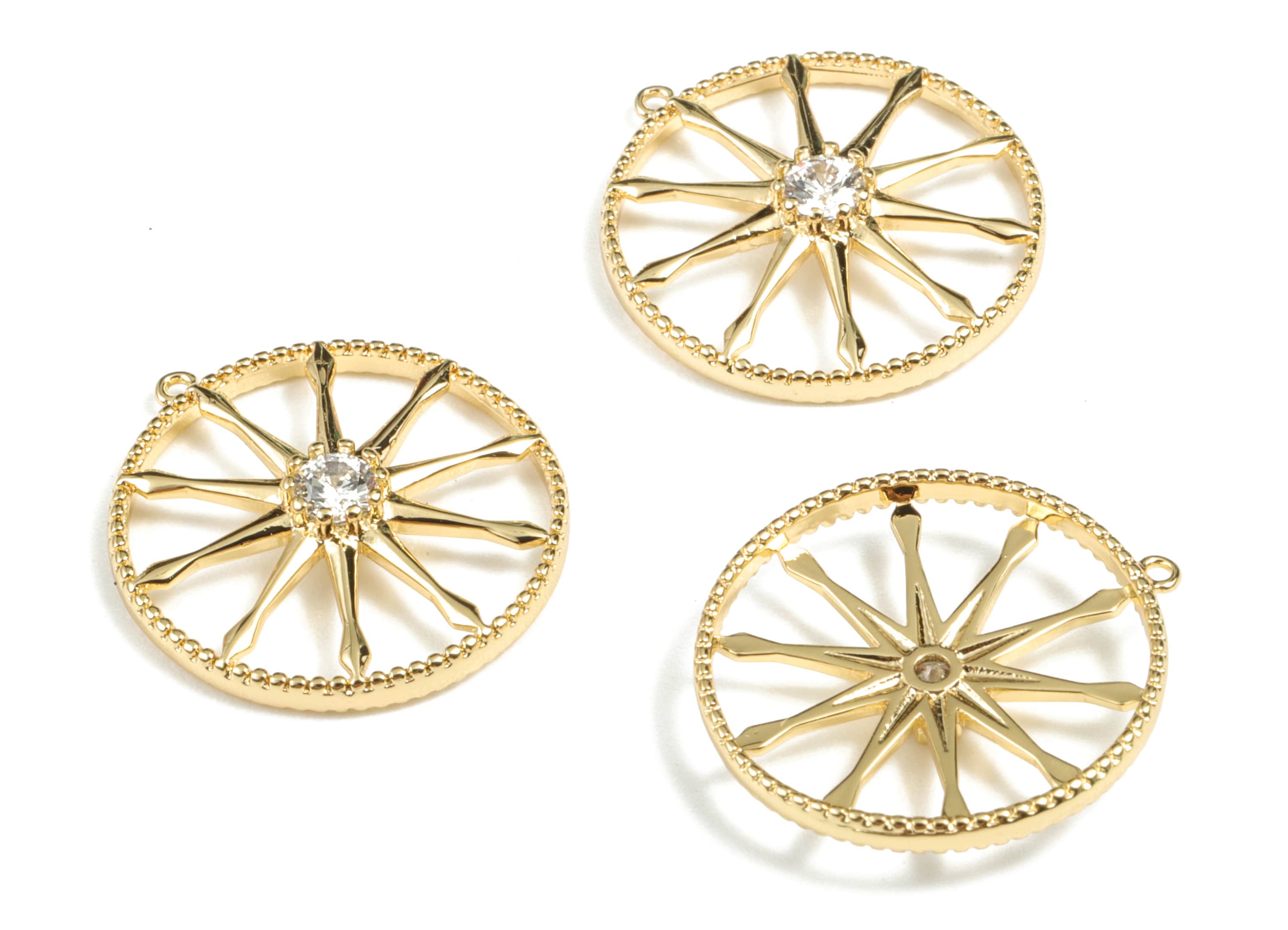 Brass Round Earring Charms - Gold Circle Pendant With Zircon - 18K Real Gold Plated Brass -  Zircon Charm - 18.64x17.17x3.48mm - RGP2705 - DOMEDBAZAAR