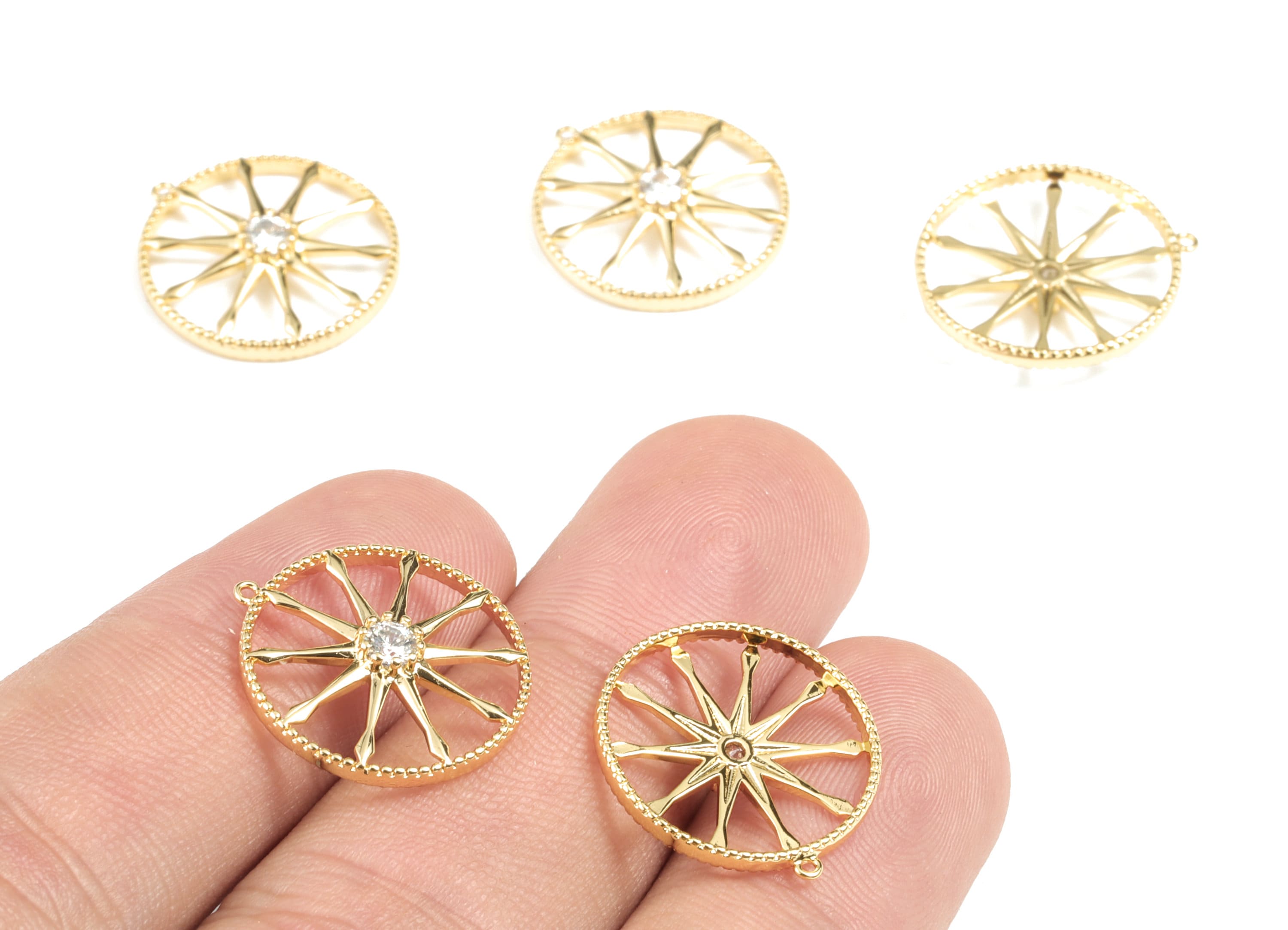 Brass Round Earring Charms - Gold Circle Pendant With Zircon - 18K Real Gold Plated Brass -  Zircon Charm - 18.64x17.17x3.48mm - RGP2705 - DOMEDBAZAAR