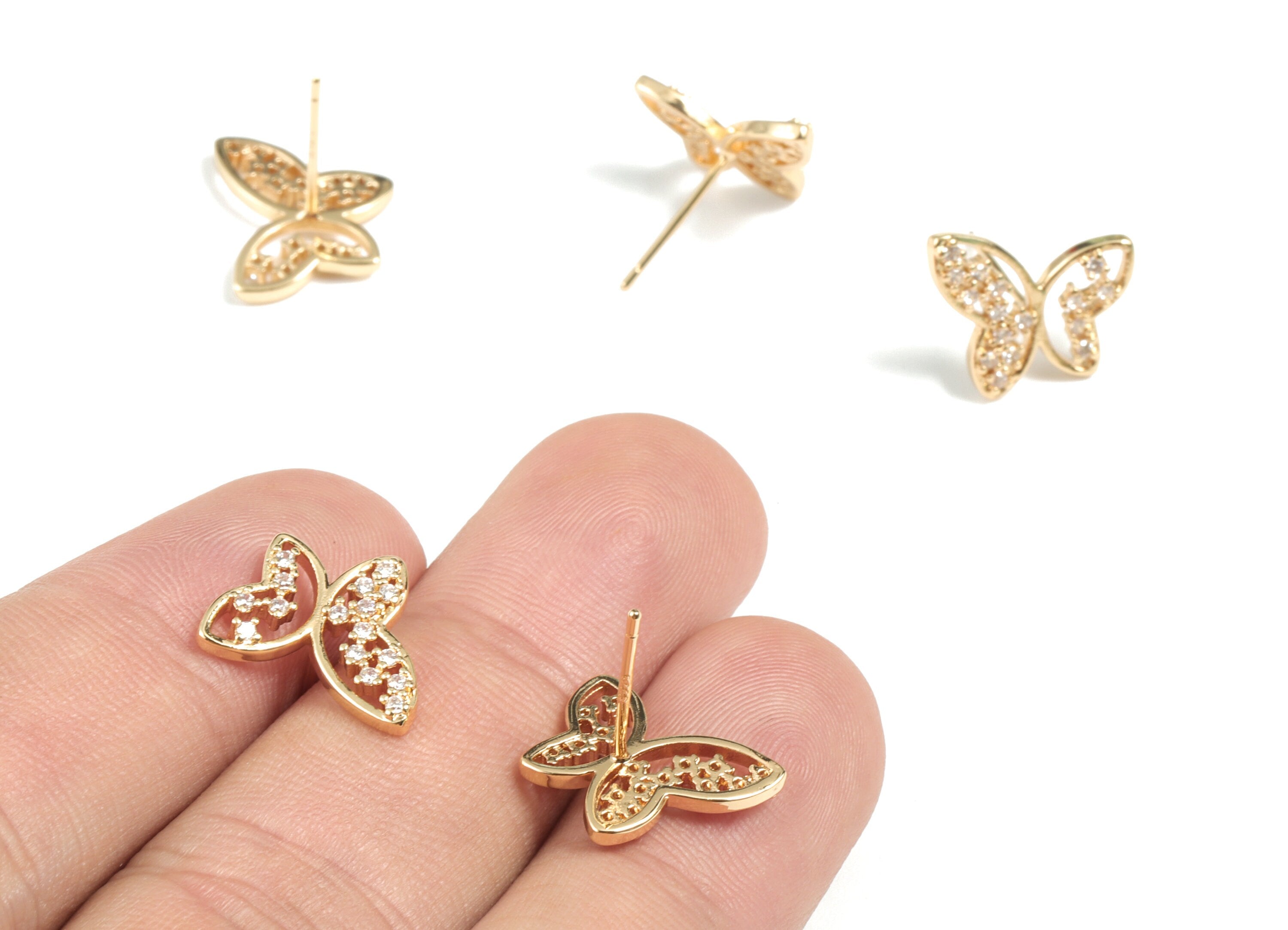 Brass Butterfly Earring Stud - Gold Butterfly Earring Stud - 18K Real Gold Plated Brass - Jewelry Supplies - 13.65x11.85x2.21mm - RGP2670 - DOMEDBAZAAR