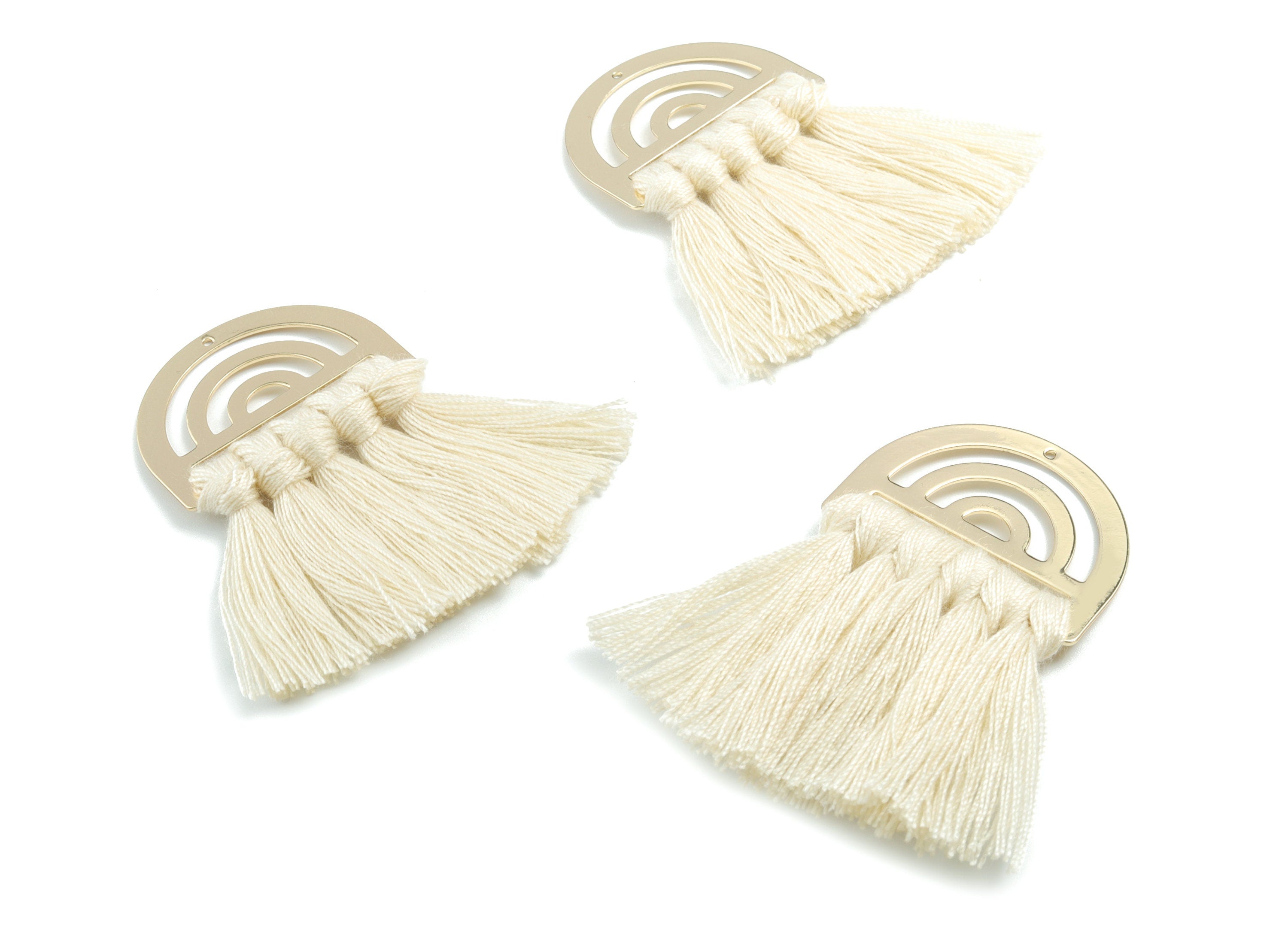 Tassel Earring Charms - Cotton Cream Tassels - D Gold Brass Earrings - Fringe Tassel - JewelrySupplies - 58.46x35.23x4.71mm - TS1154 - DOMEDBAZAAR