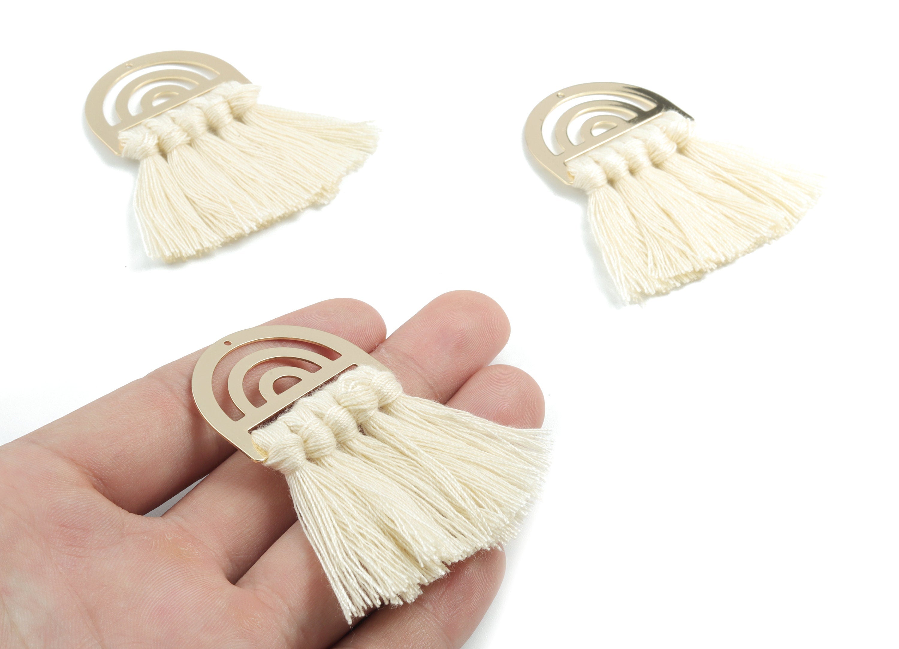 Tassel Earring Charms - Cotton Cream Tassels - D Gold Brass Earrings - Fringe Tassel - JewelrySupplies - 58.46x35.23x4.71mm - TS1154 - DOMEDBAZAAR