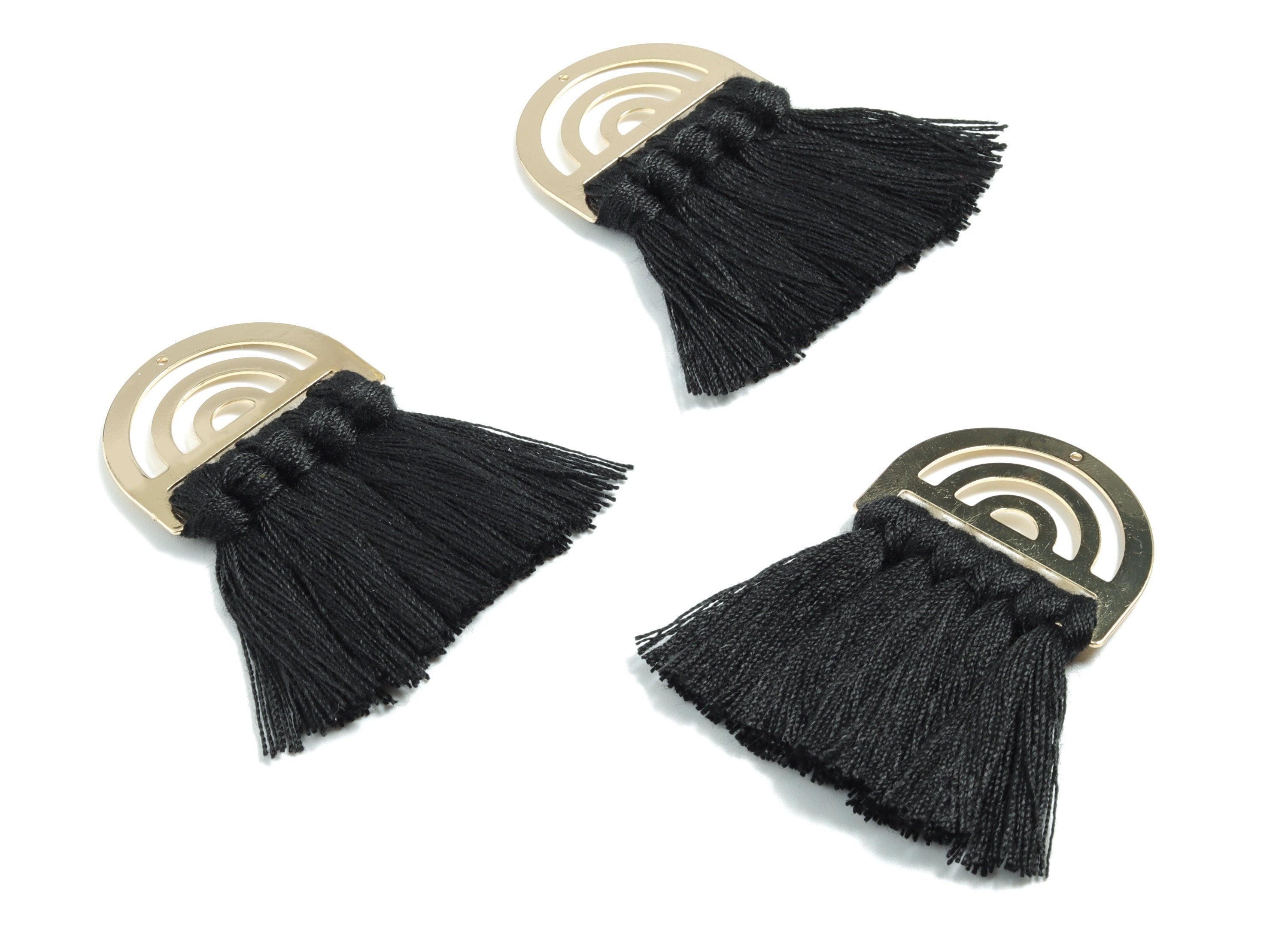 Tassel Earring Charms - Cotton Black Tassels - D Gold Brass Earrings - Fringe Tassel - JewelrySupplies - 60.58x35.24x5.26mm - TS1166 - DOMEDBAZAAR