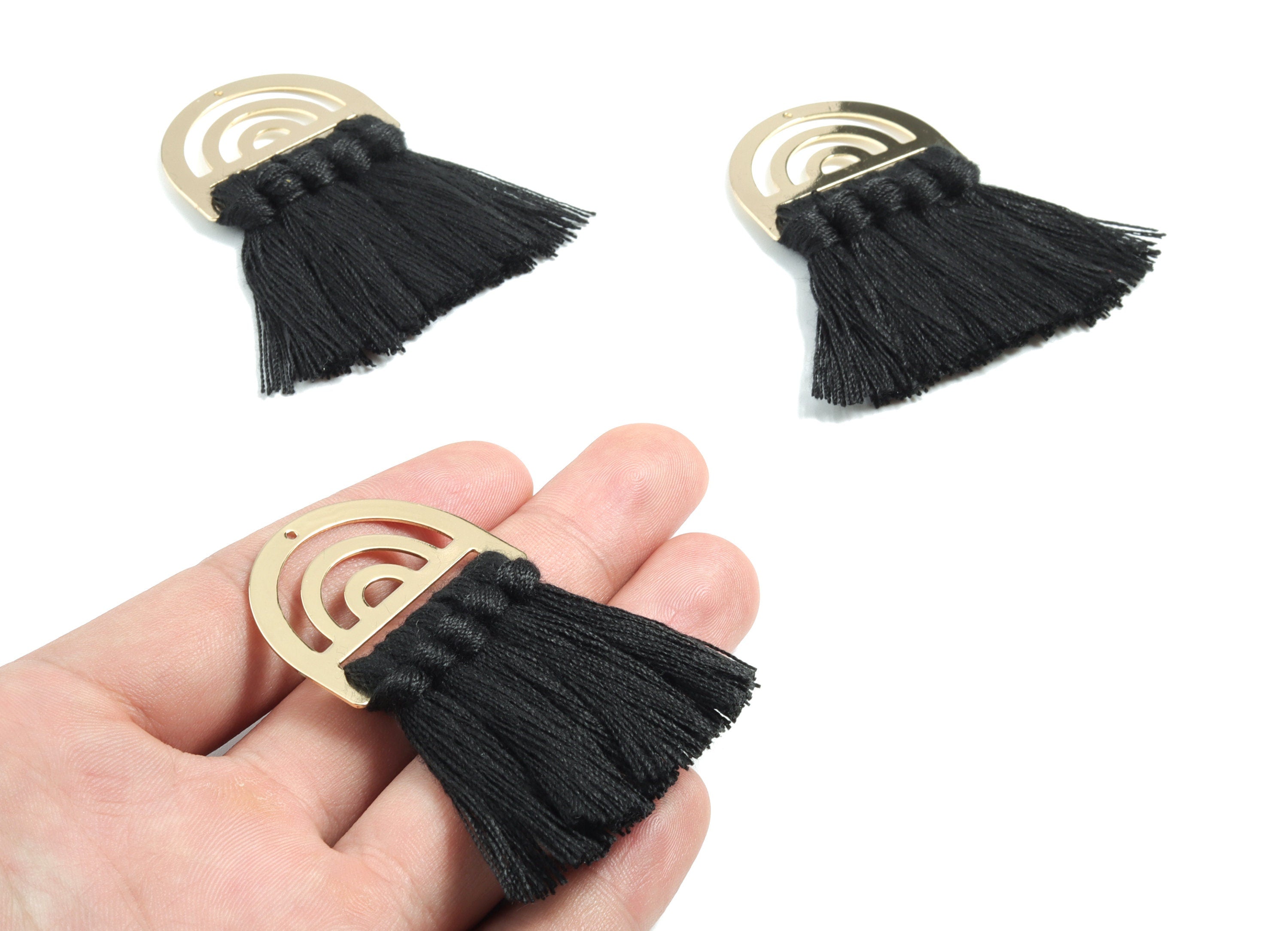 Tassel Earring Charms - Cotton Black Tassels - D Gold Brass Earrings - Fringe Tassel - JewelrySupplies - 60.58x35.24x5.26mm - TS1166 - DOMEDBAZAAR