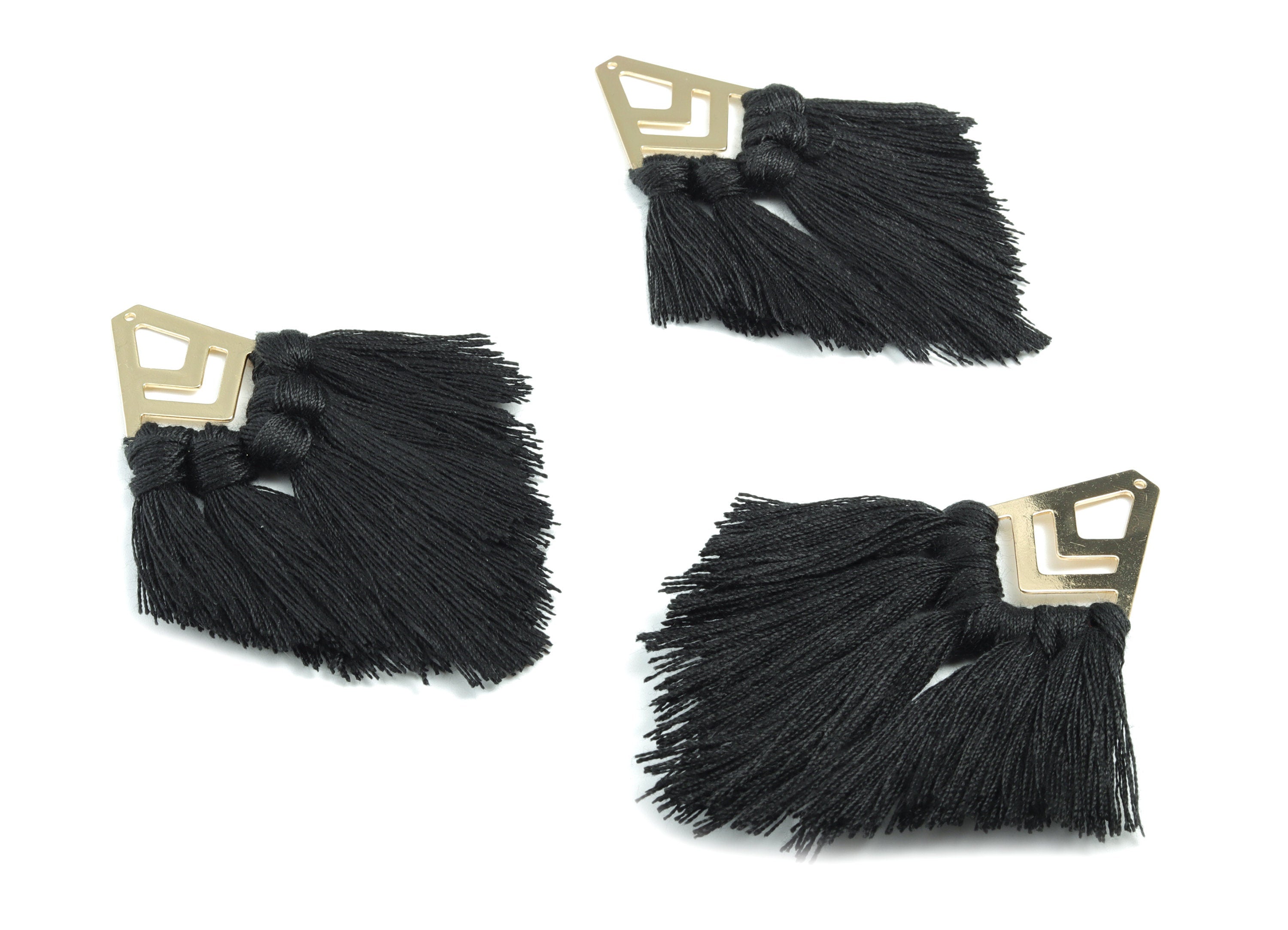 Tassel Earring Charms - Cotton Black Tassels - Diamond Gold Brass Earrings - Fringe Tassel - Jewellery Supplies - 90.24x28.65x5.7mm - TS1167 - DOMEDBAZAAR