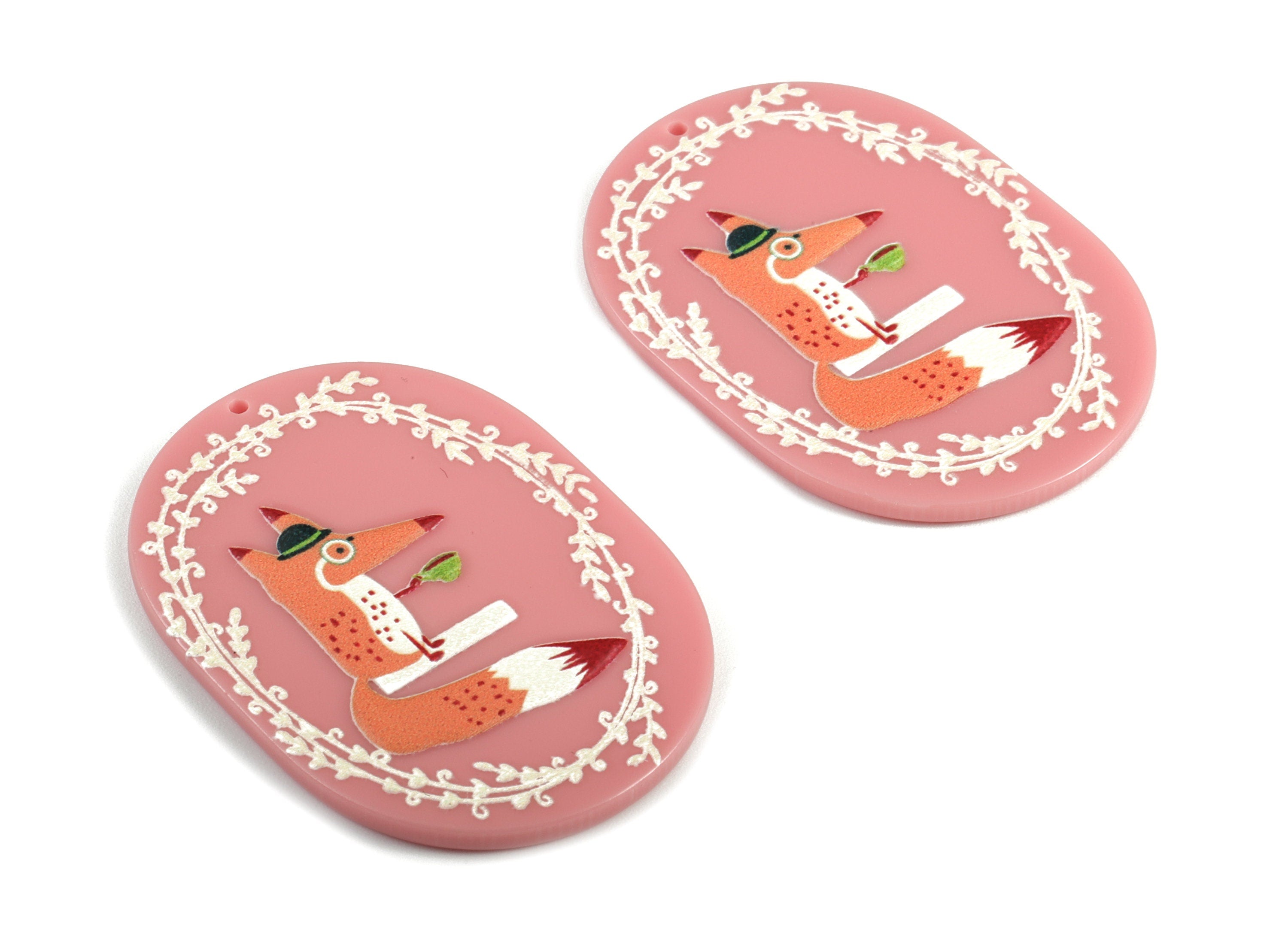 Acrylic Oval Fox Earring Charms - Acrylic Fox Oval Pandant - Earring Findings - Jewelry Supplies - 43.35x31.08x2.74mm - AC1998 - DOMEDBAZAAR