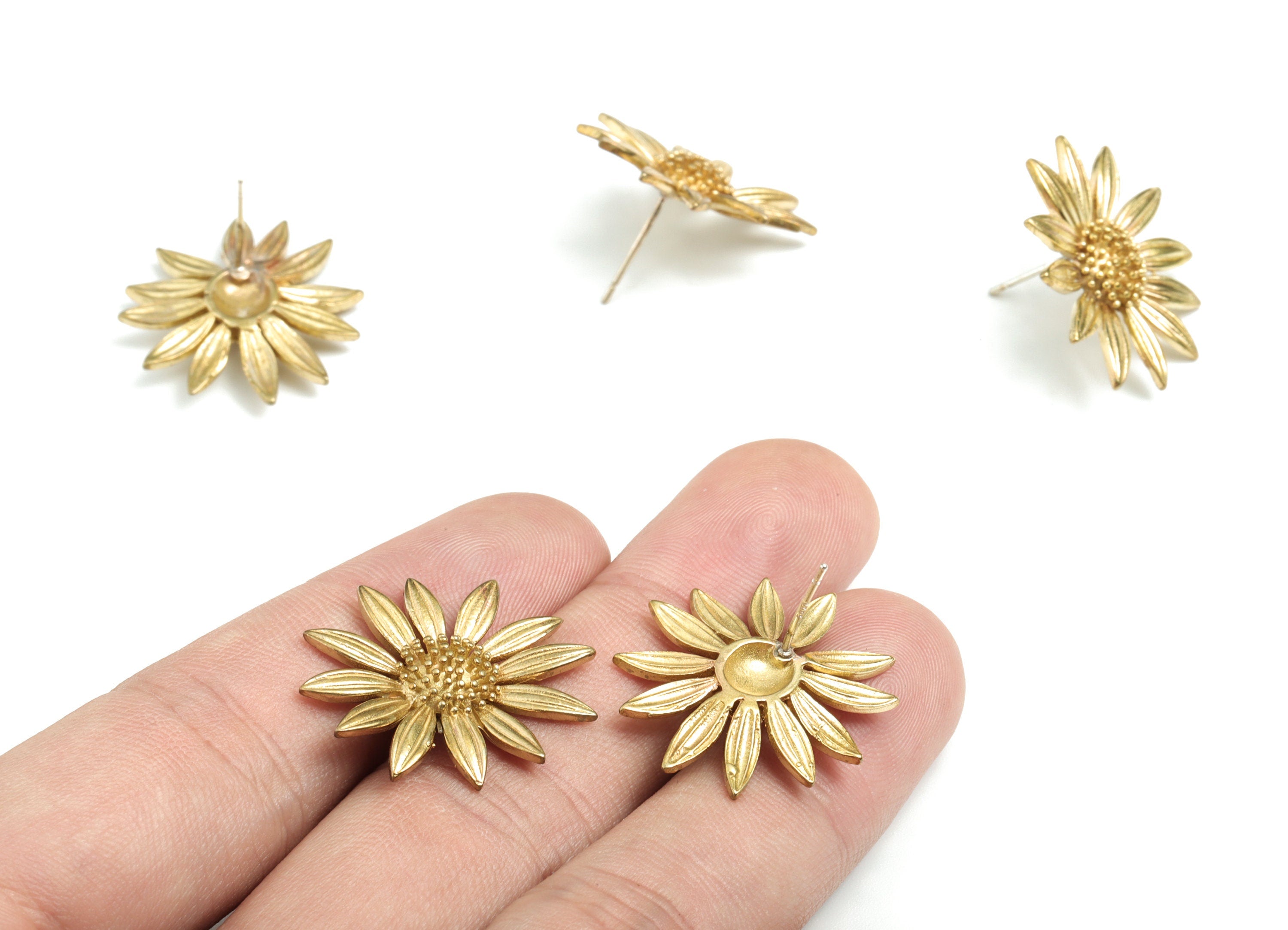 Brass Sunflower Earring Stud - Raw Brass Sunflower Earring Post - Earring Post - Jewelry Supplies - 23.83x22.14x15.77mm - PPYE914 - DOMEDBAZAAR