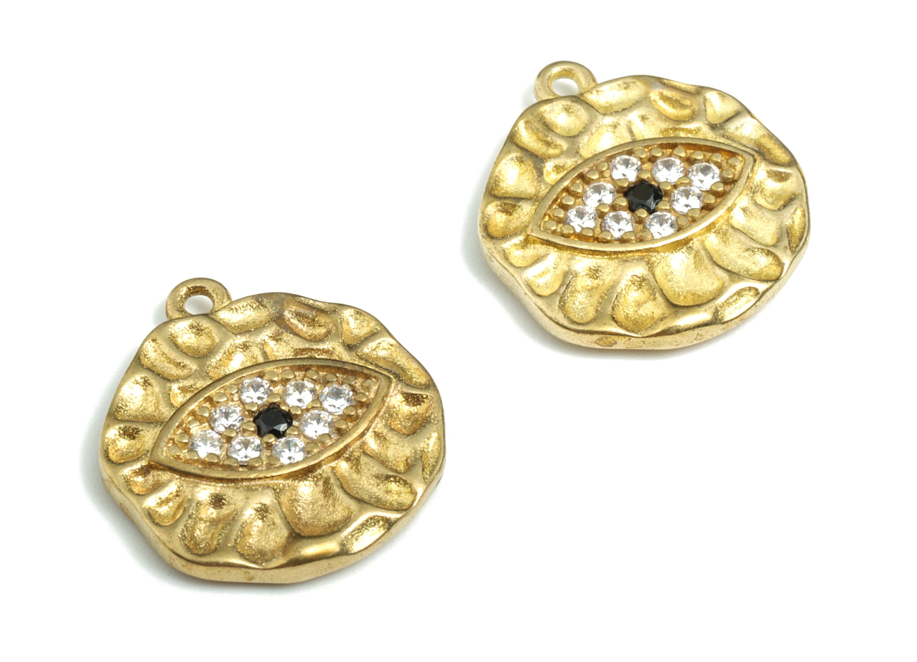 Brass Textured Round Earing Charms - Raw Brass Eye Pendant - Zircon Eye Charms - Jewelry Supplies - 19.3x17.64x2.55mm - PPMN216 - DOMEDBAZAAR