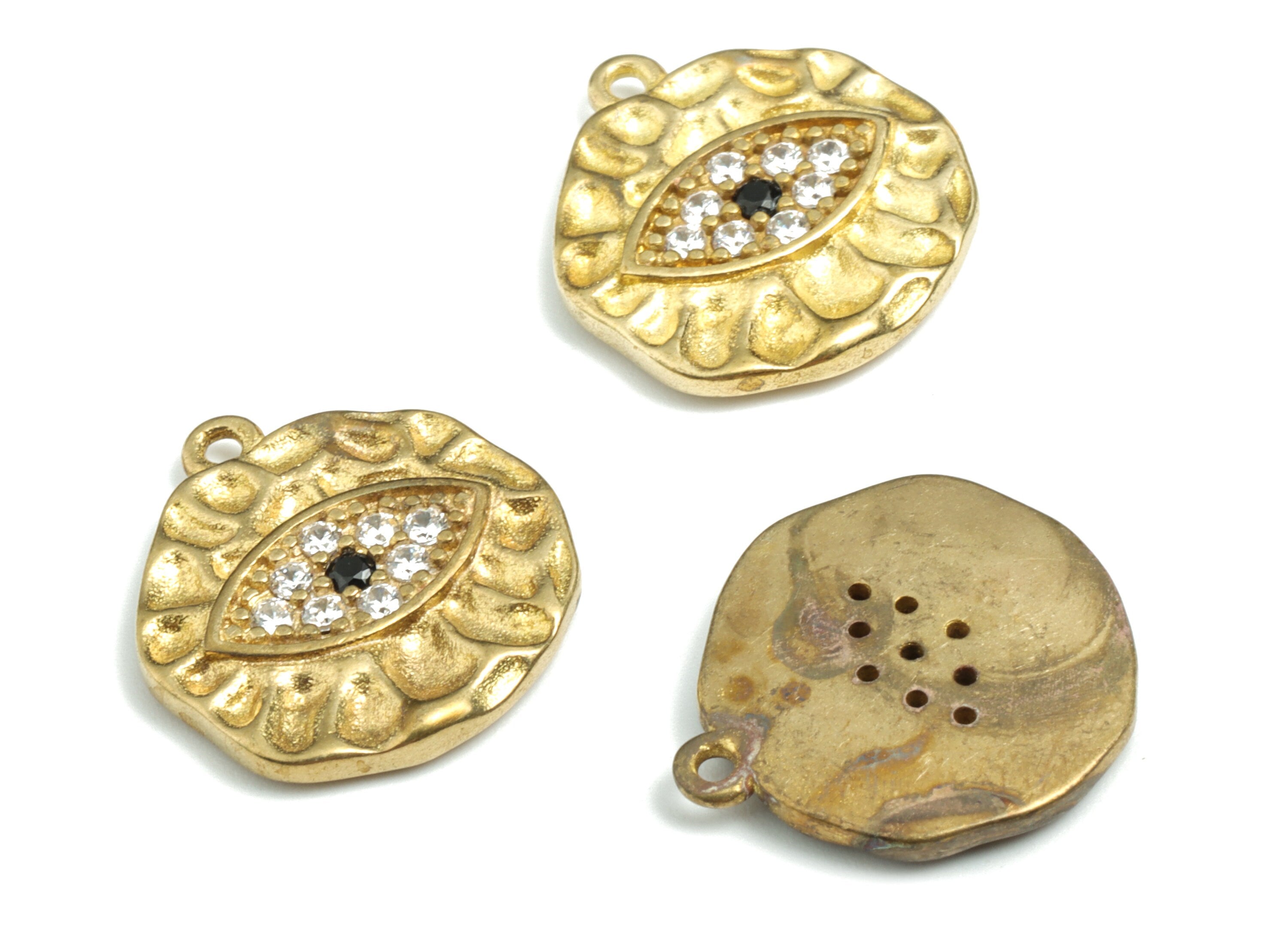 Brass Textured Round Earing Charms - Raw Brass Eye Pendant - Zircon Eye Charms - Jewelry Supplies - 19.3x17.64x2.55mm - PPMN216 - DOMEDBAZAAR