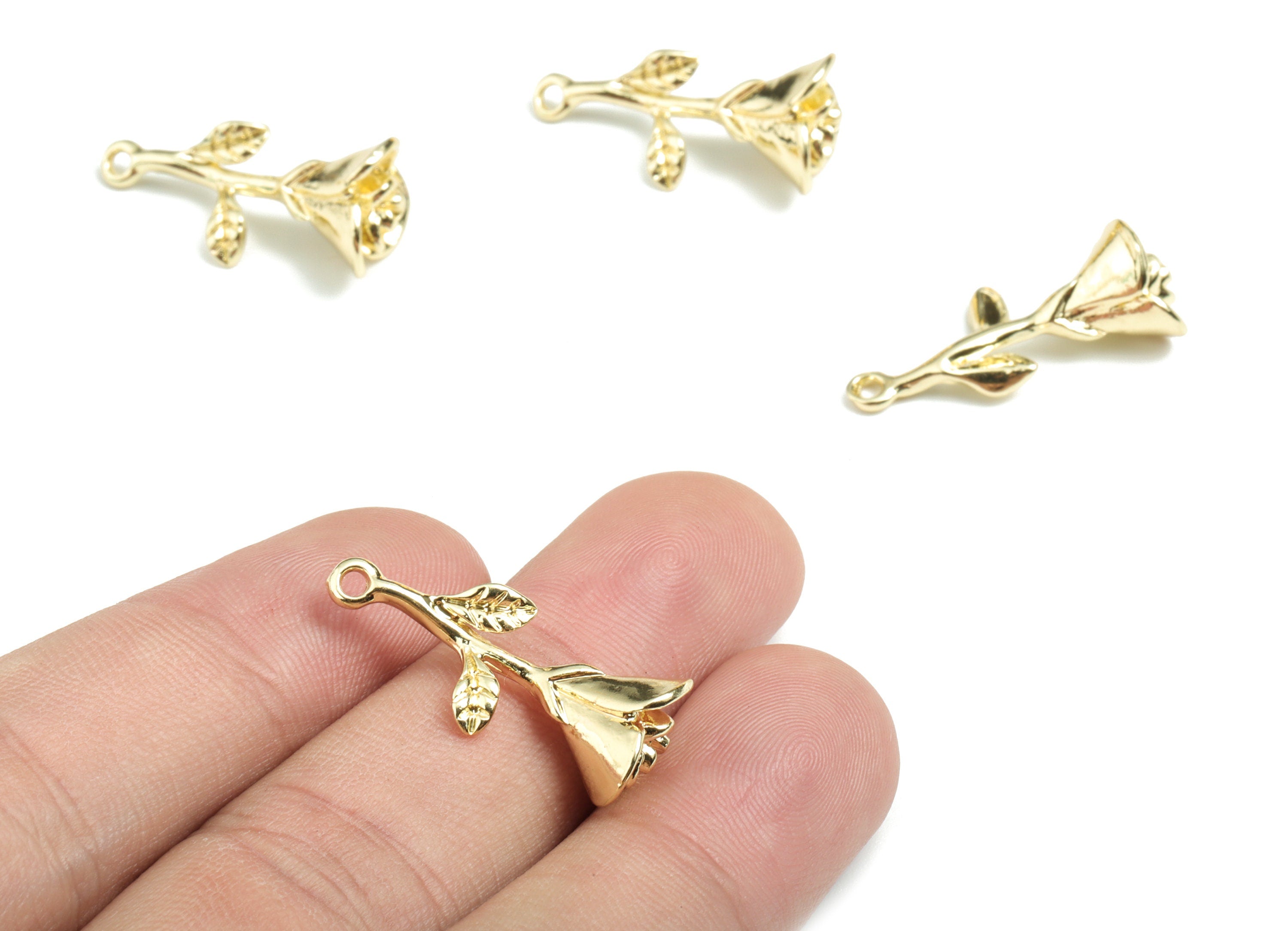 Alloy Rose Earring Charms - Gold Alloy Rose Pendant - Gold Tone Plated Alloy - Jewelry Supplies - 26.27x11.55x10.12mm - ZZ1733 - DOMEDBAZAAR