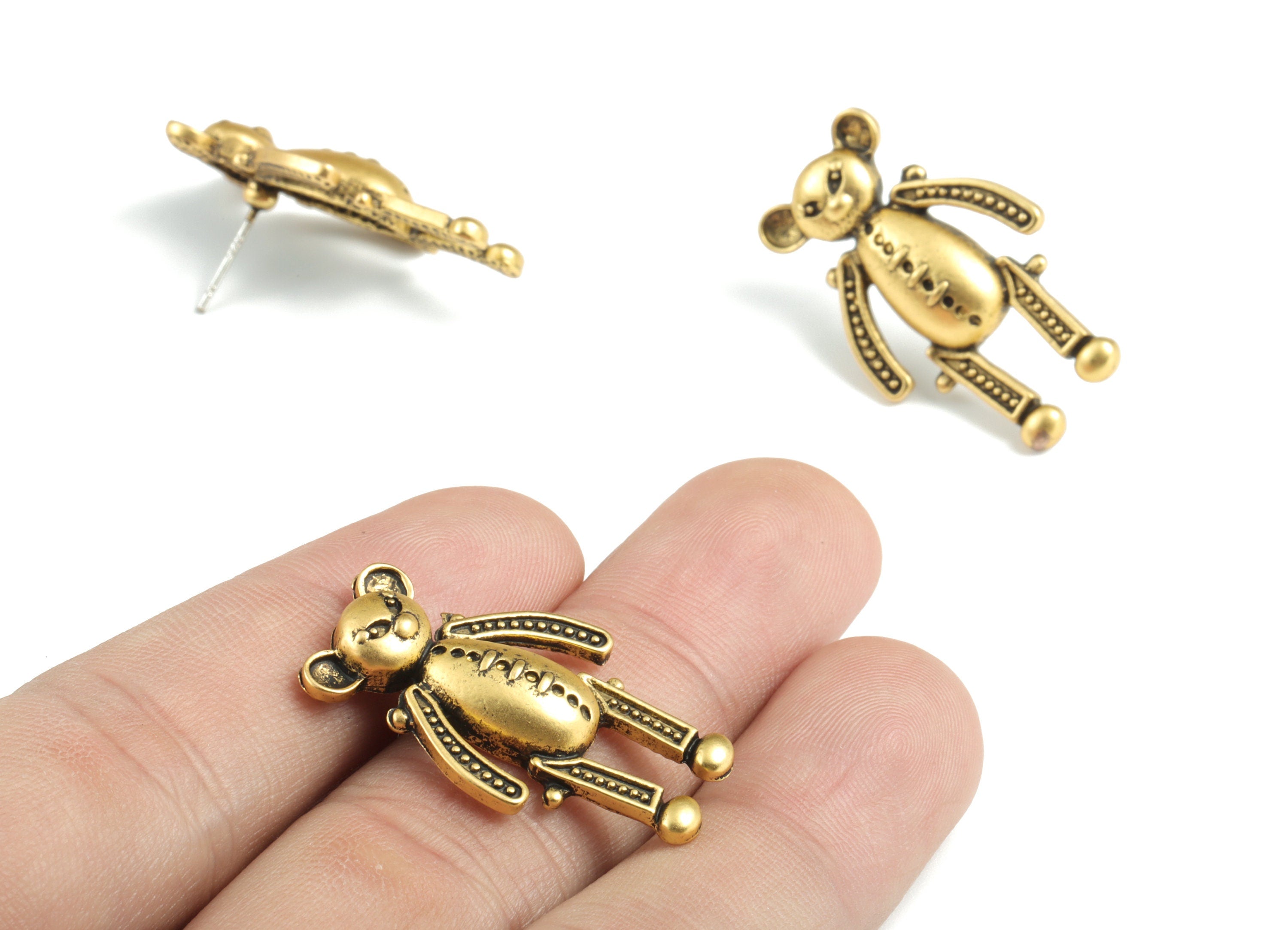 Alloy Bear Earring Post - Antique Bronze Bear Earring Stud - Gold Tone Plated Alloy - Jewelry Supplies - 30.16x18.63x4.89mm - ZZ1755 - DOMEDBAZAAR