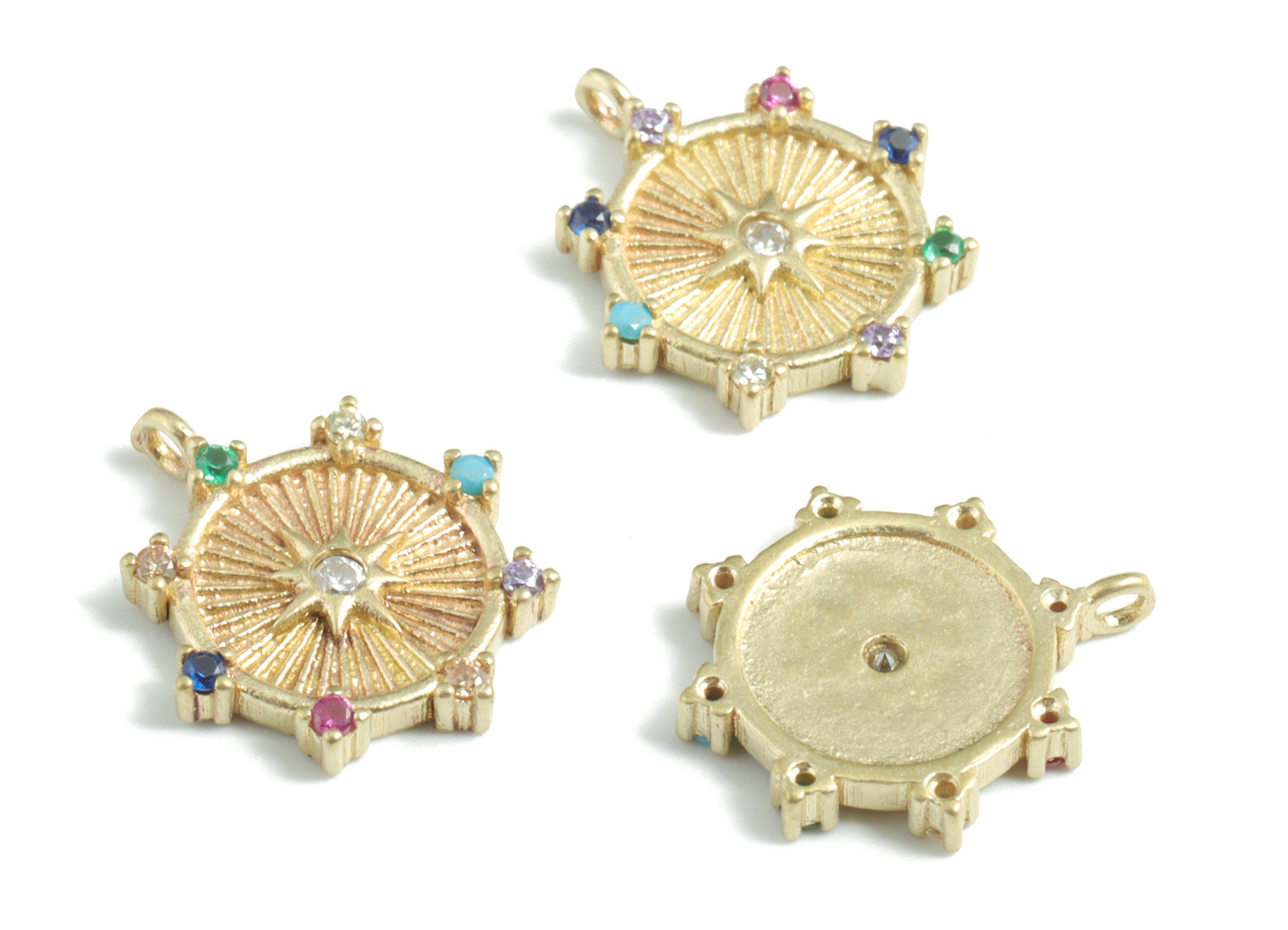 Brass Round Star Earring Charms With Zircons - Raw Brass Circle Star Pendant - Jewelry Supplies - 17.28x15.06x2.42mm - PP3591 - DOMEDBAZAAR