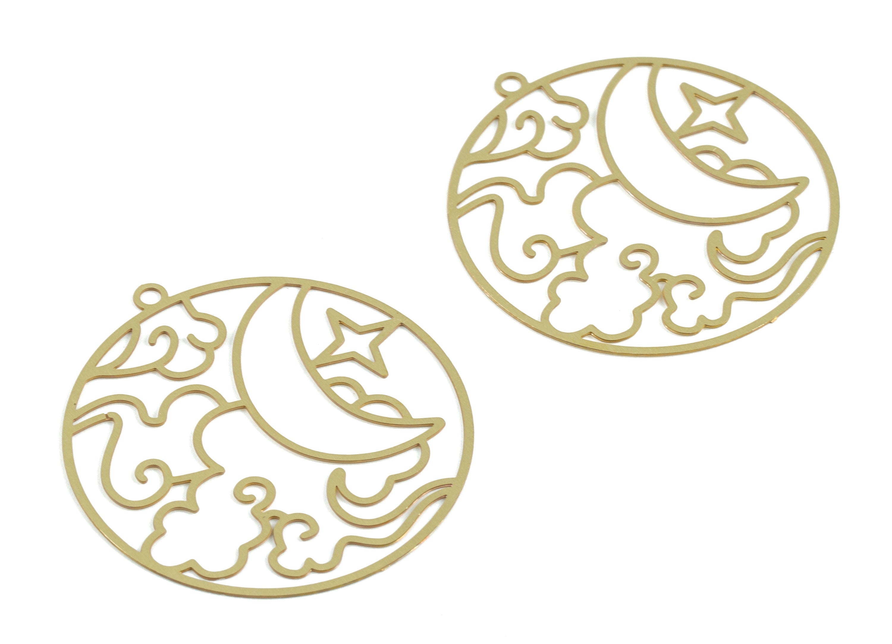 Brass Cloud Star Crescent Earring Charms - Raw Brass Moon Star Circle Pendant - Jewelry Supplies - 32.17x29.84x0.29mm - JJB6290 - DOMEDBAZAAR