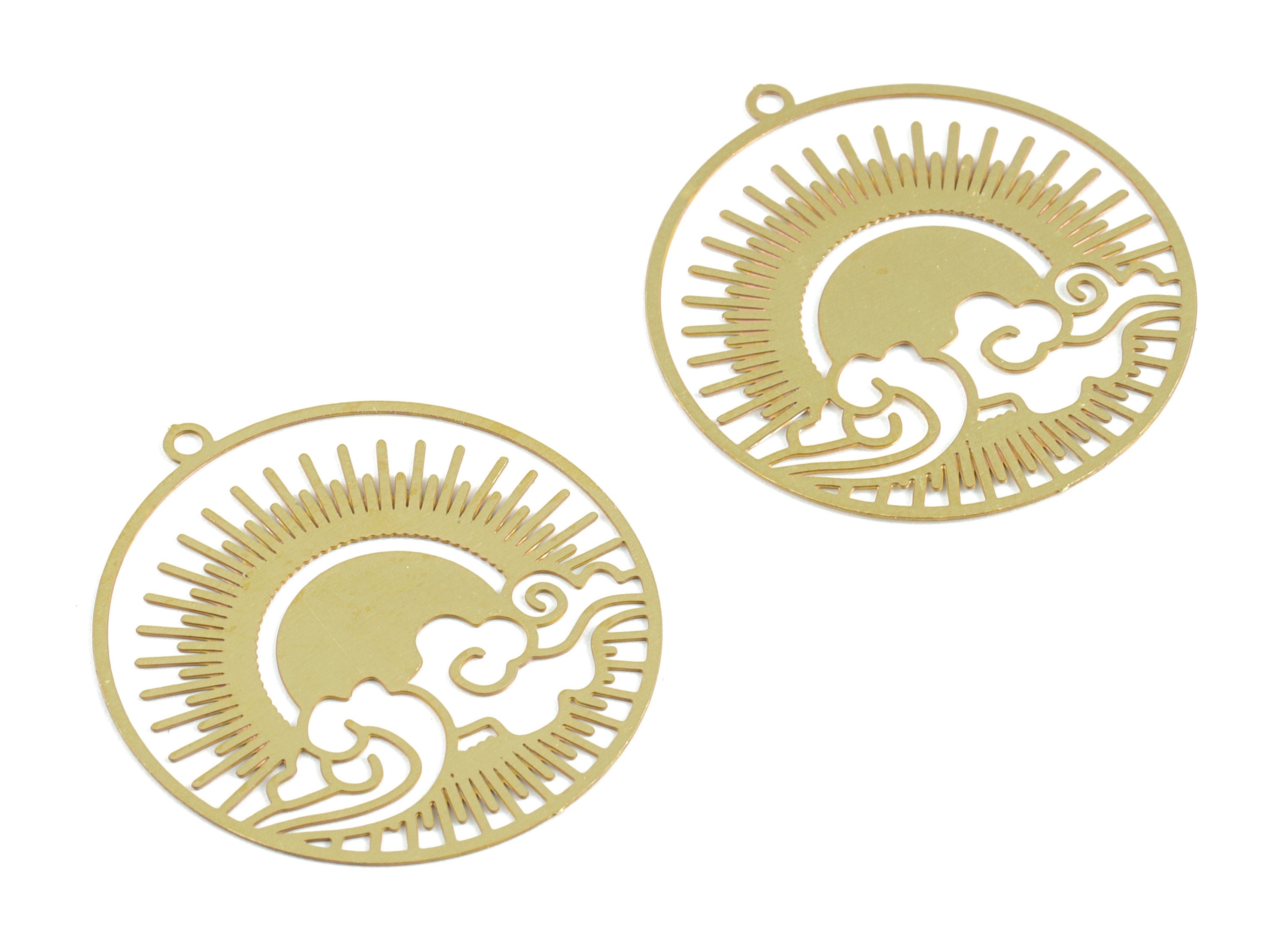 Brass Round Cloud Sun Earring Charm - Raw Brass Circle Sun Clouds Pendant - Earring Findings - Jewelry Supplies - 30x27.94x0.31mm - JJB6293 - DOMEDBAZAAR