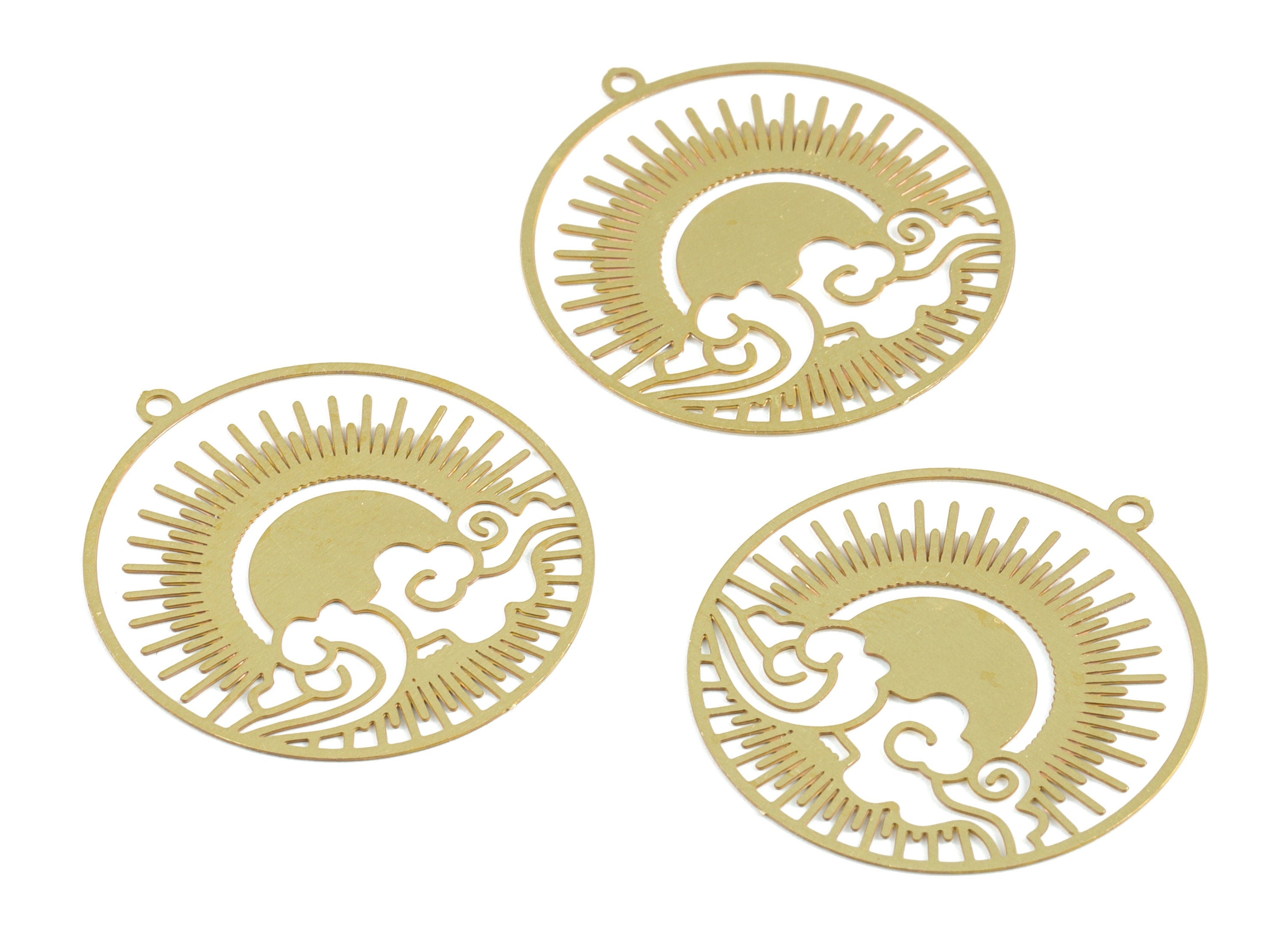 Brass Round Cloud Sun Earring Charm - Raw Brass Circle Sun Clouds Pendant - Earring Findings - Jewelry Supplies - 30x27.94x0.31mm - JJB6293 - DOMEDBAZAAR