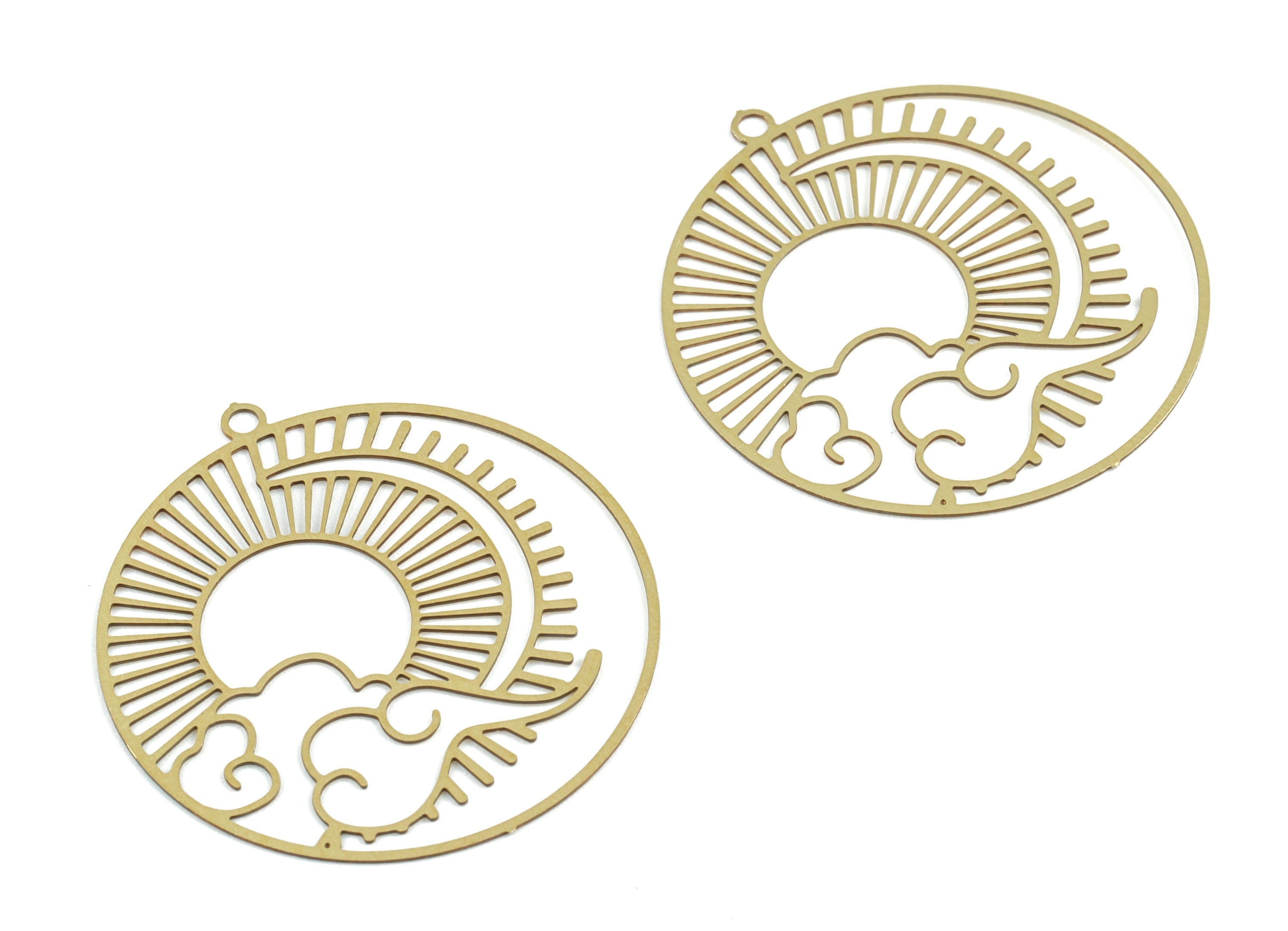 Brass Cloud Sun Moon Earring Charm - Raw Brass Sun Clouds Crescent Round Pendant - Jewelry Supplies - 32.09x29.65x0.3mm - JJB6286 - DOMEDBAZAAR