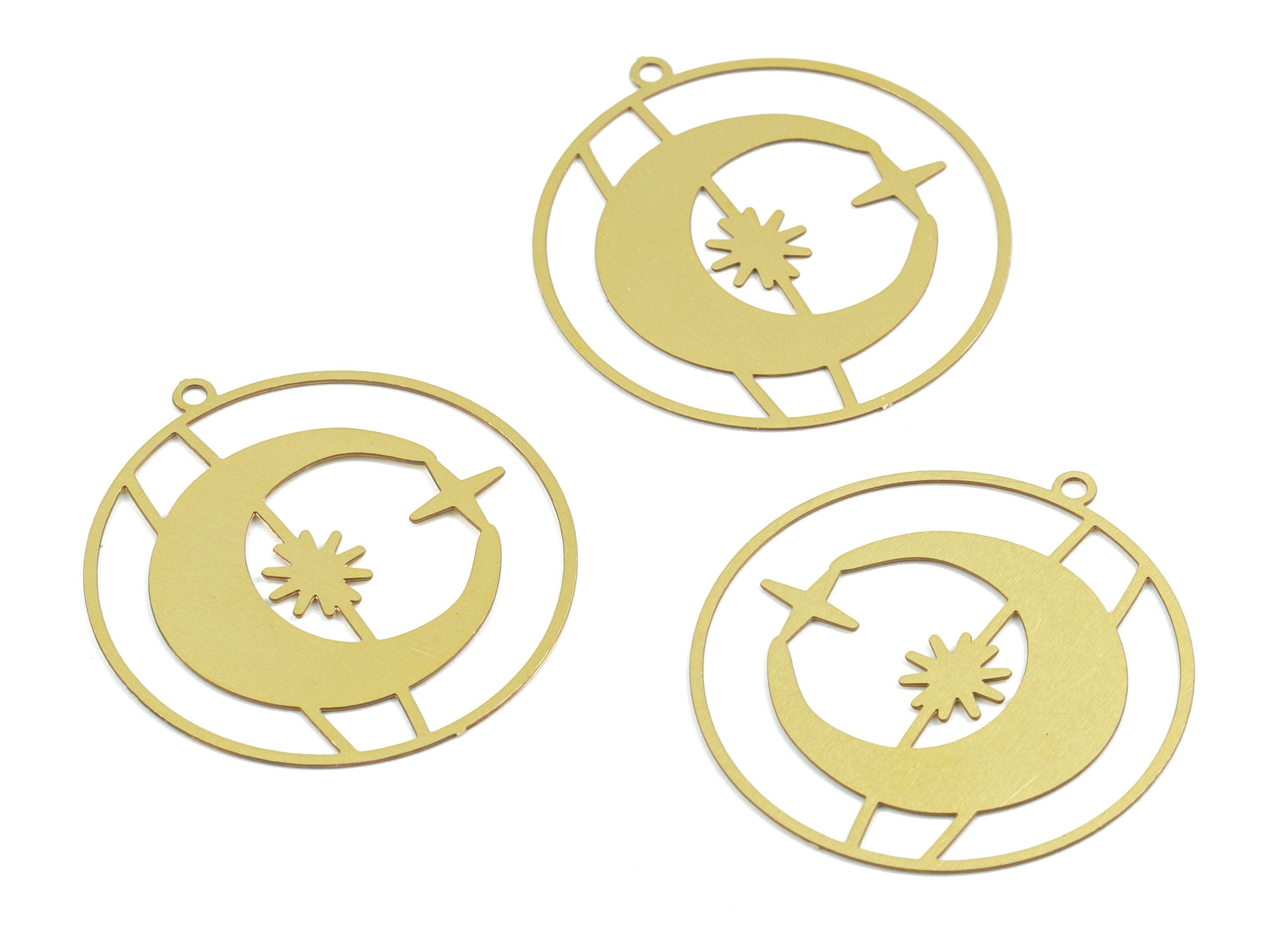 Brass Star Crescent Earring Charms - Raw Brass Circle Star Moon Pendant - Earring Findings - Jewelry Supplies - 31.11x27.92x0.3mm - JJB6295 - DOMEDBAZAAR