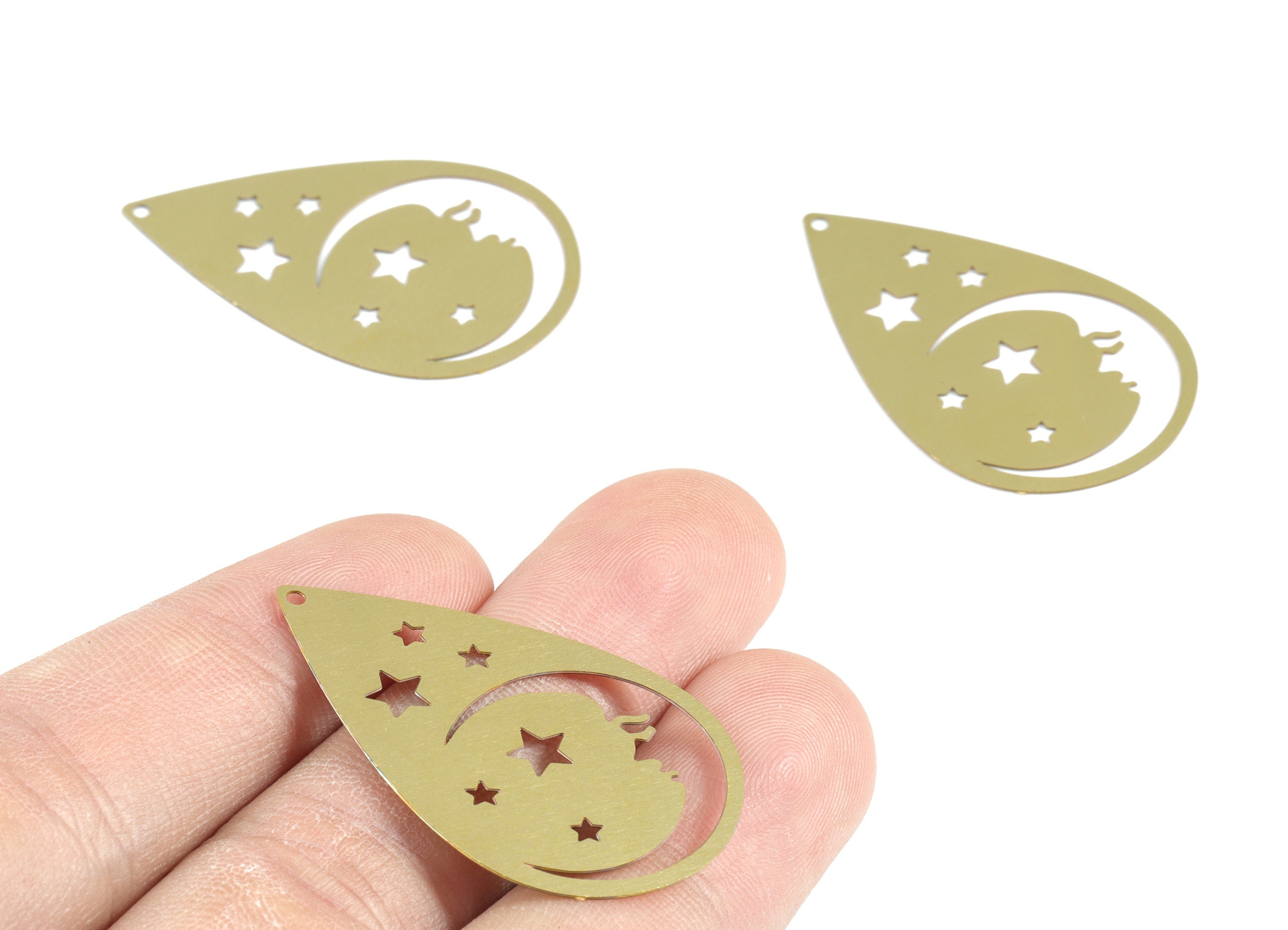 Brass Crescent Face Stars Earring Charms - Raw Brass Drop Stars Moon Pendant - Jewelry Supplies - 37.98x24.37x0.3mm - JJB6297 - DOMEDBAZAAR