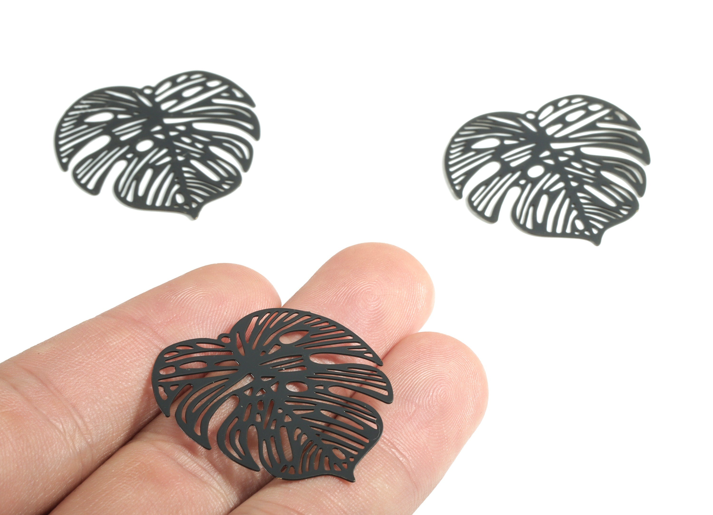 Luminous Black Monstera Pendant - Brass Monstera Charm For Necklace - Earring Supplies - Color Code: T2 - 32.16x32.06x0.37mm - JJB5106-T2 - DOMEDBAZAAR