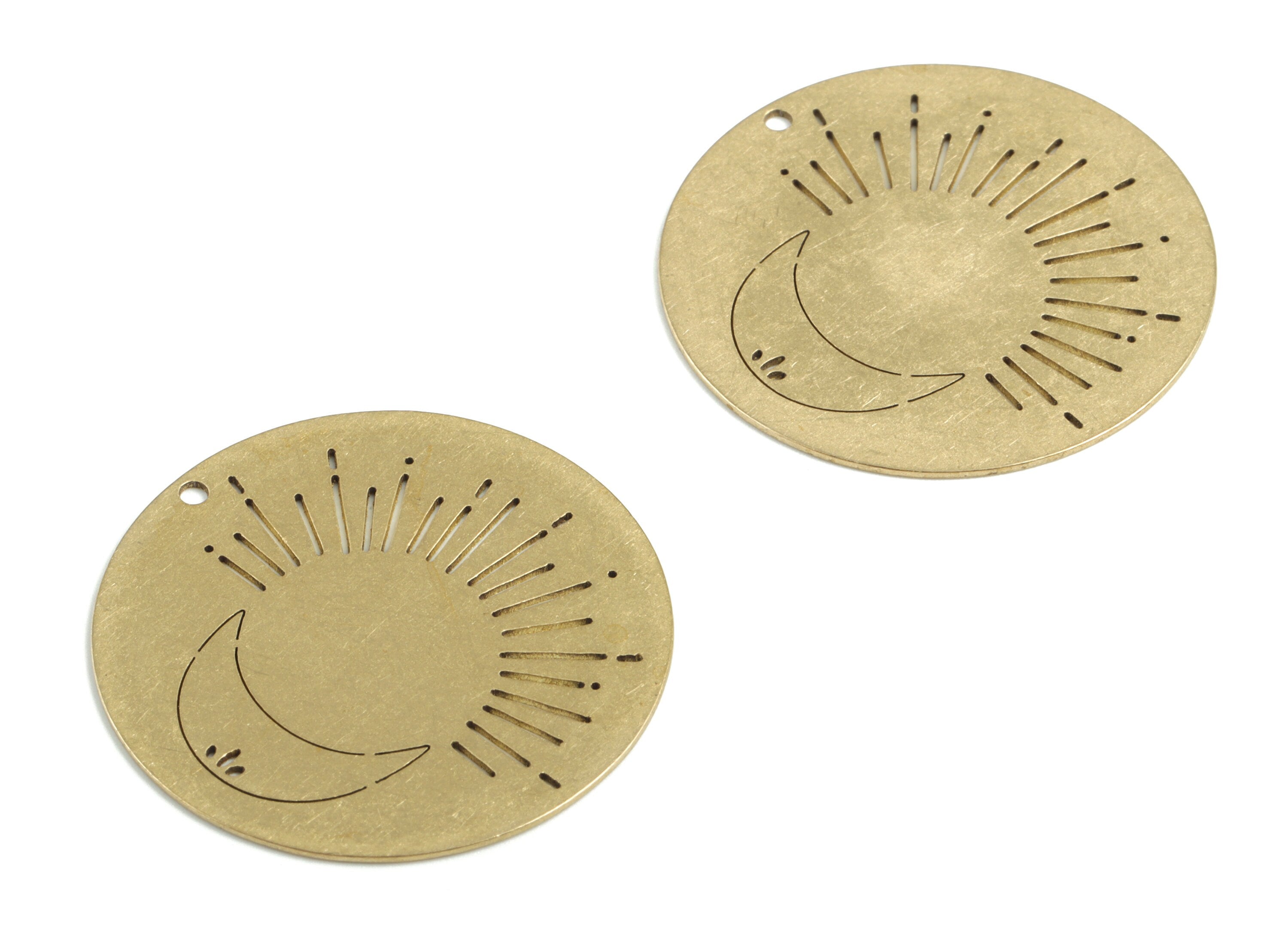 Brass Round Sun Crescent Earring Charms - Raw Brass Circle Sun Moon Pendant - Jewelry Supplies - 33.68x33.68x0.59mm - PPM3244 - DOMEDBAZAAR