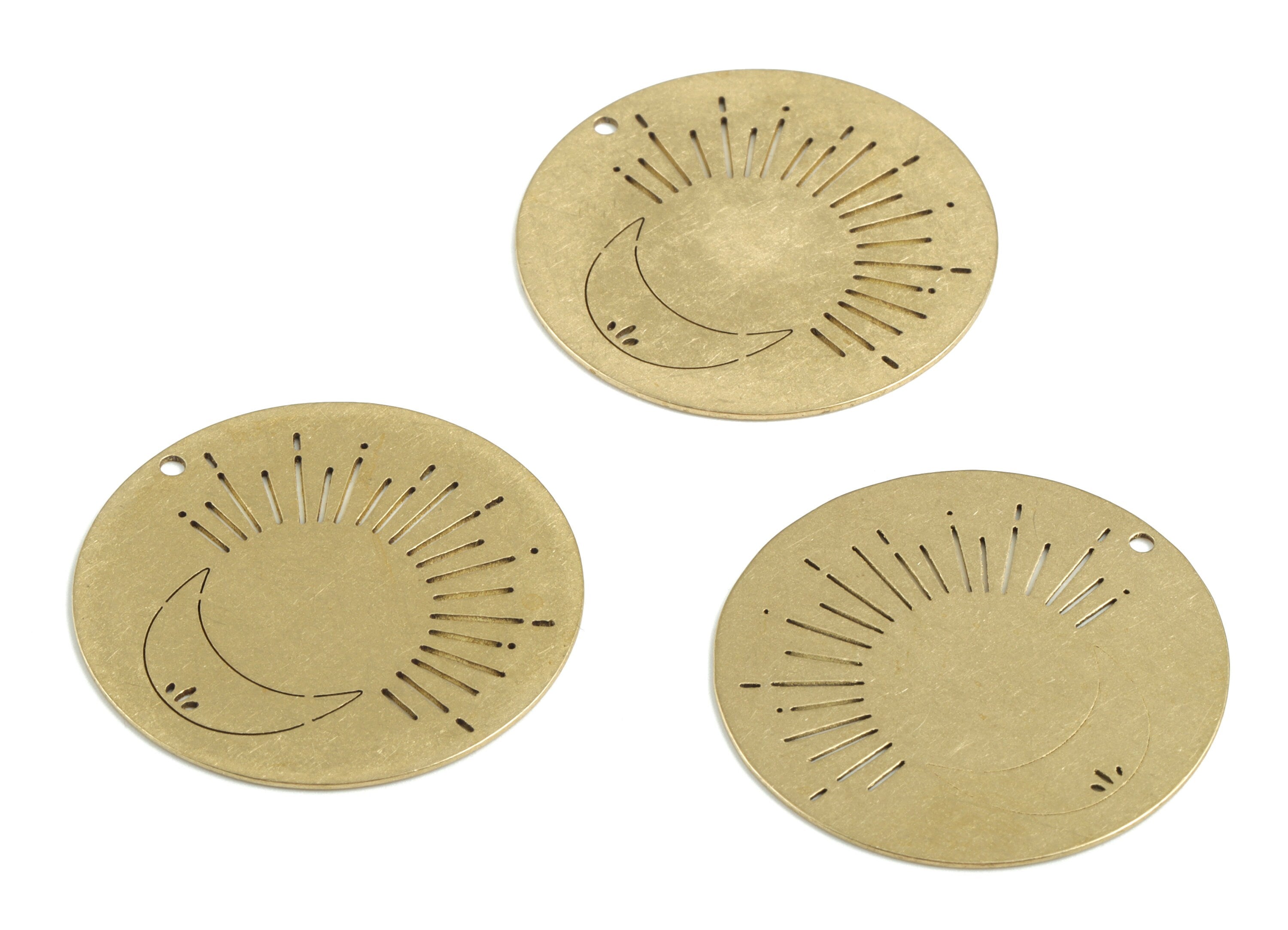 Brass Round Sun Crescent Earring Charms - Raw Brass Circle Sun Moon Pendant - Jewelry Supplies - 33.68x33.68x0.59mm - PPM3244 - DOMEDBAZAAR