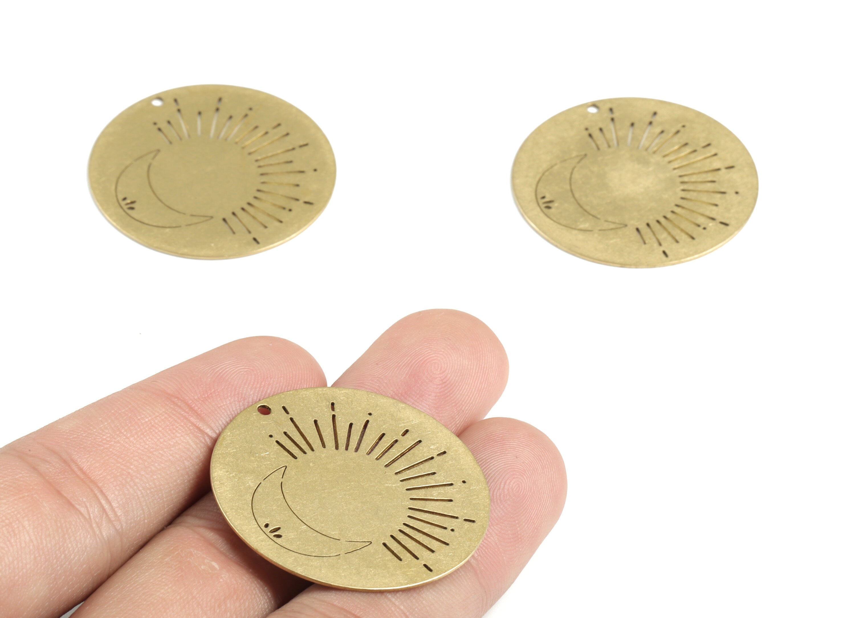 Brass Round Sun Crescent Earring Charms - Raw Brass Circle Sun Moon Pendant - Jewelry Supplies - 33.68x33.68x0.59mm - PPM3244 - DOMEDBAZAAR