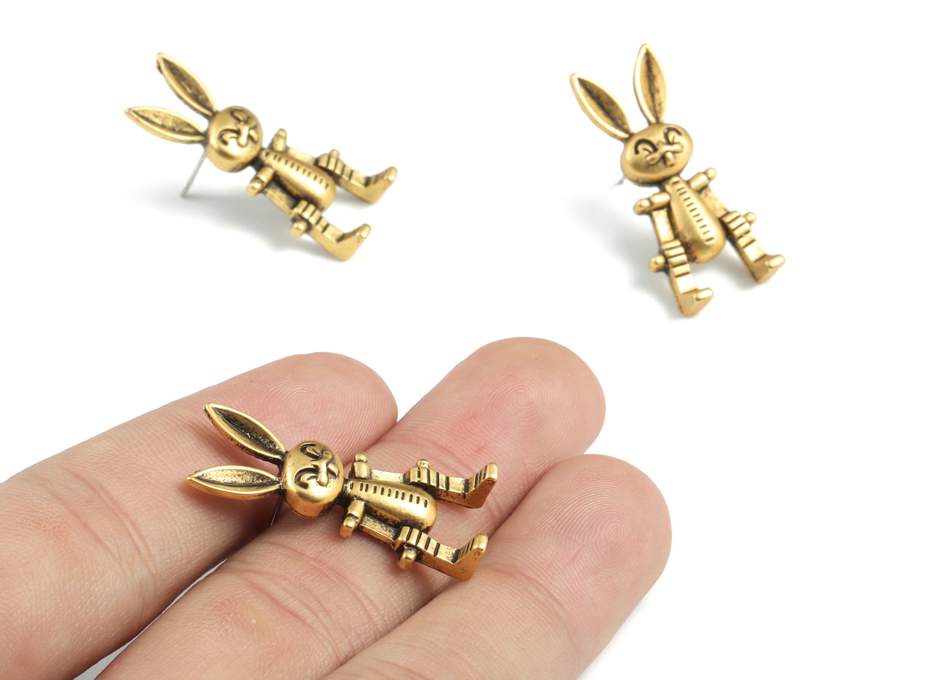 Alloy Rabbit Earring Post - Antique Bronze Rabbit Earring Stud - Gold Tone Plated Alloy - Jewelry Supplies - 30.96x13.72x4.62mm - ZZ1756 - DOMEDBAZAAR