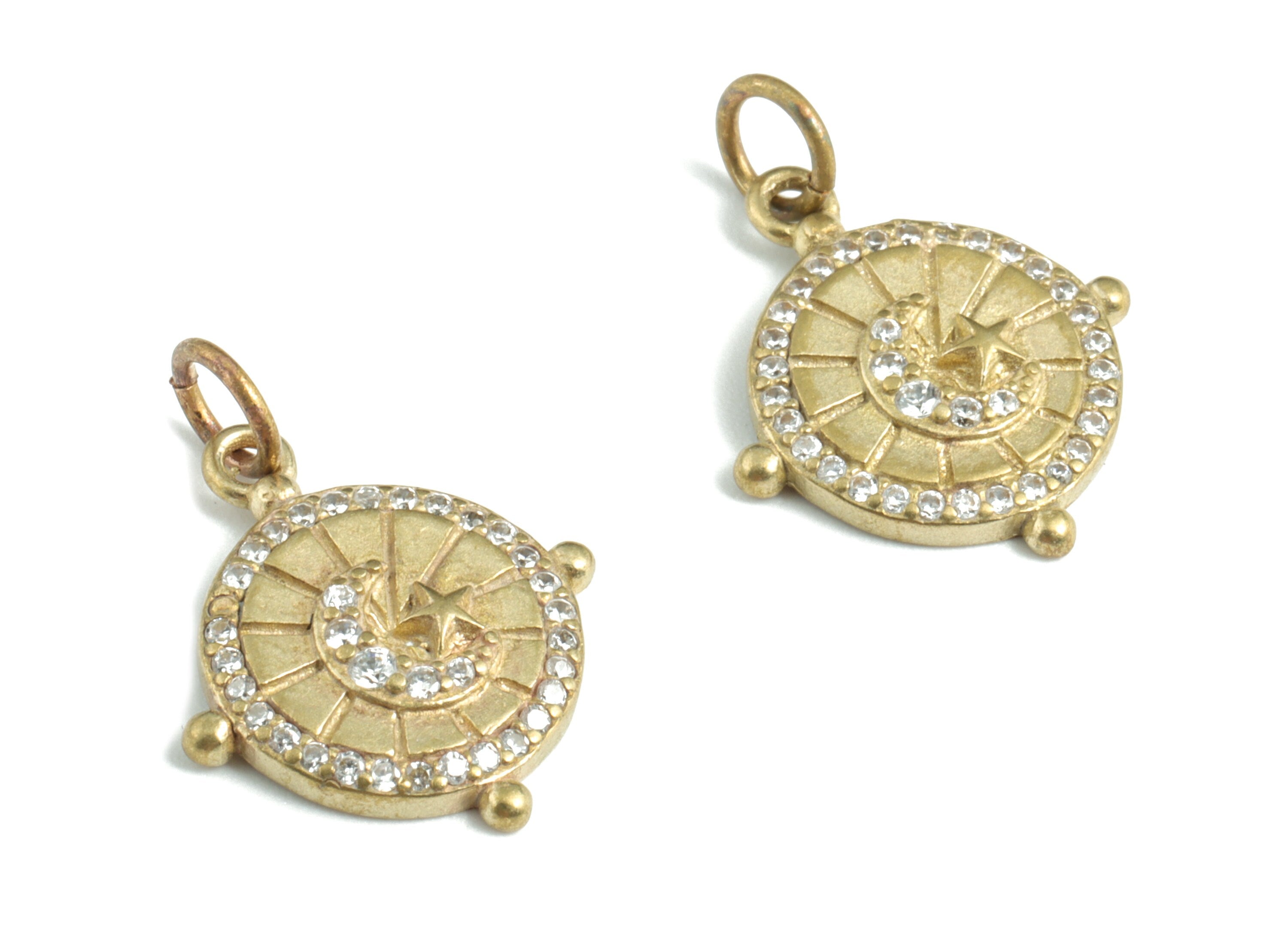 Brass Mini Coin Earring Charms With Zircons - Raw Brass Circle Round Pendant - Jewelry Supplies - 20.29x14.96x2.54mm - PP3580 - DOMEDBAZAAR