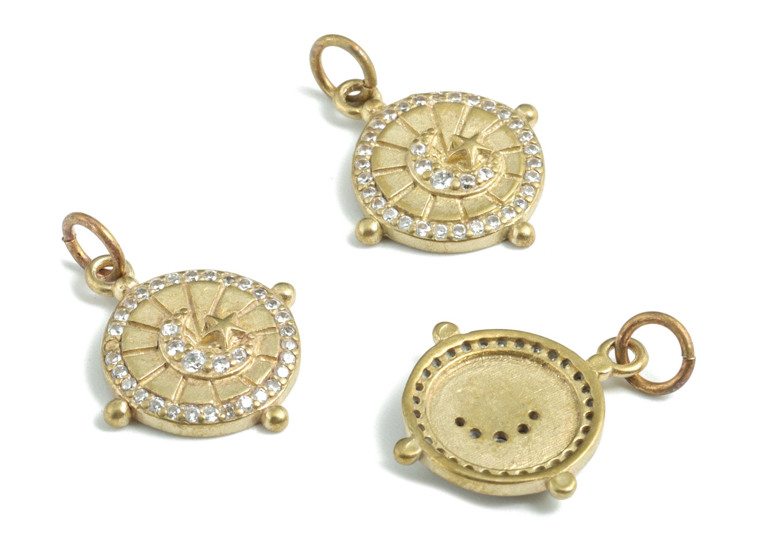 Brass Mini Coin Earring Charms With Zircons - Raw Brass Circle Round Pendant - Jewelry Supplies - 20.29x14.96x2.54mm - PP3580 - DOMEDBAZAAR