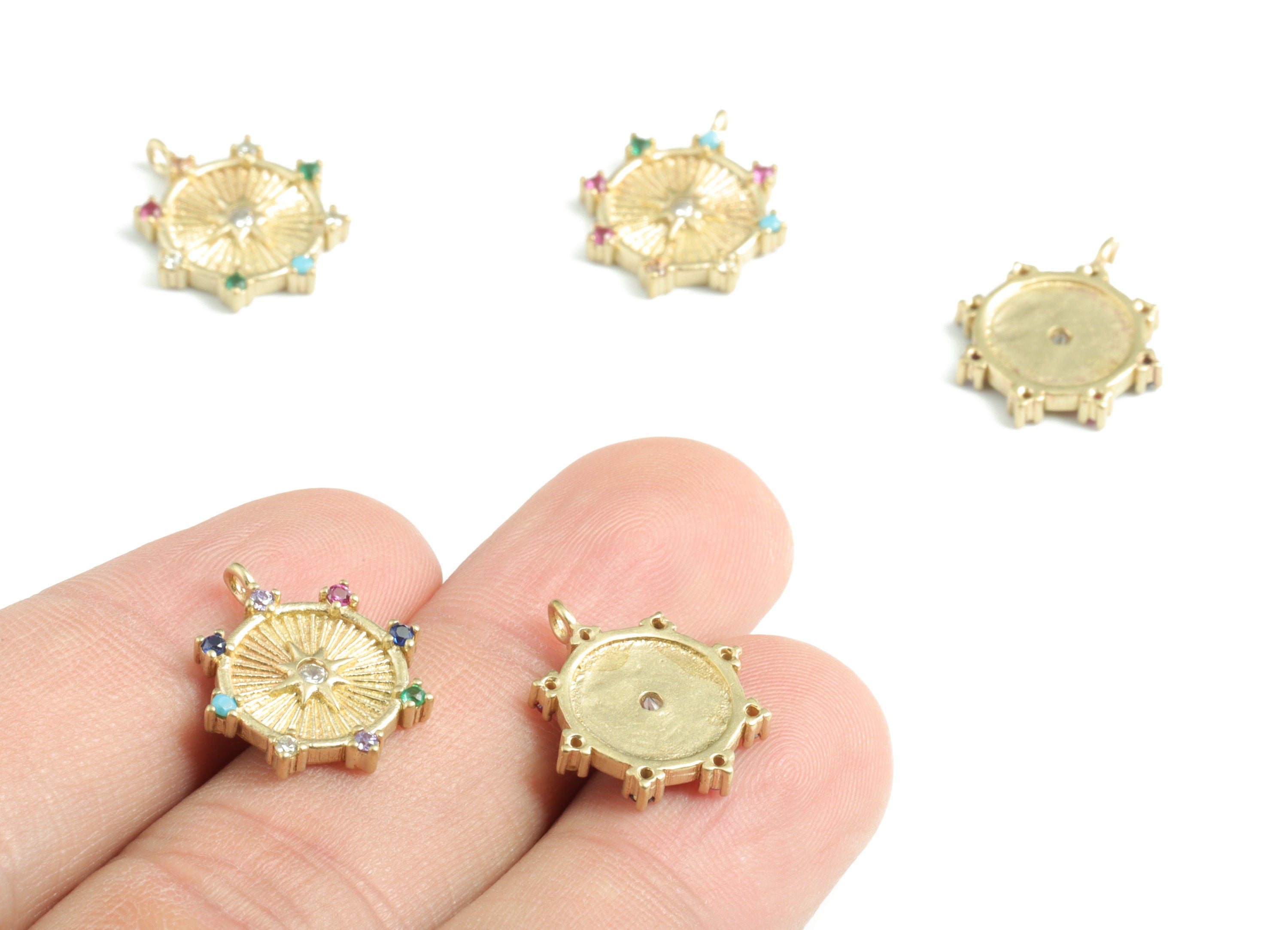 Brass Round Star Earring Charms With Zircons - Raw Brass Circle Star Pendant - Jewelry Supplies - 17.28x15.06x2.42mm - PP3591 - DOMEDBAZAAR