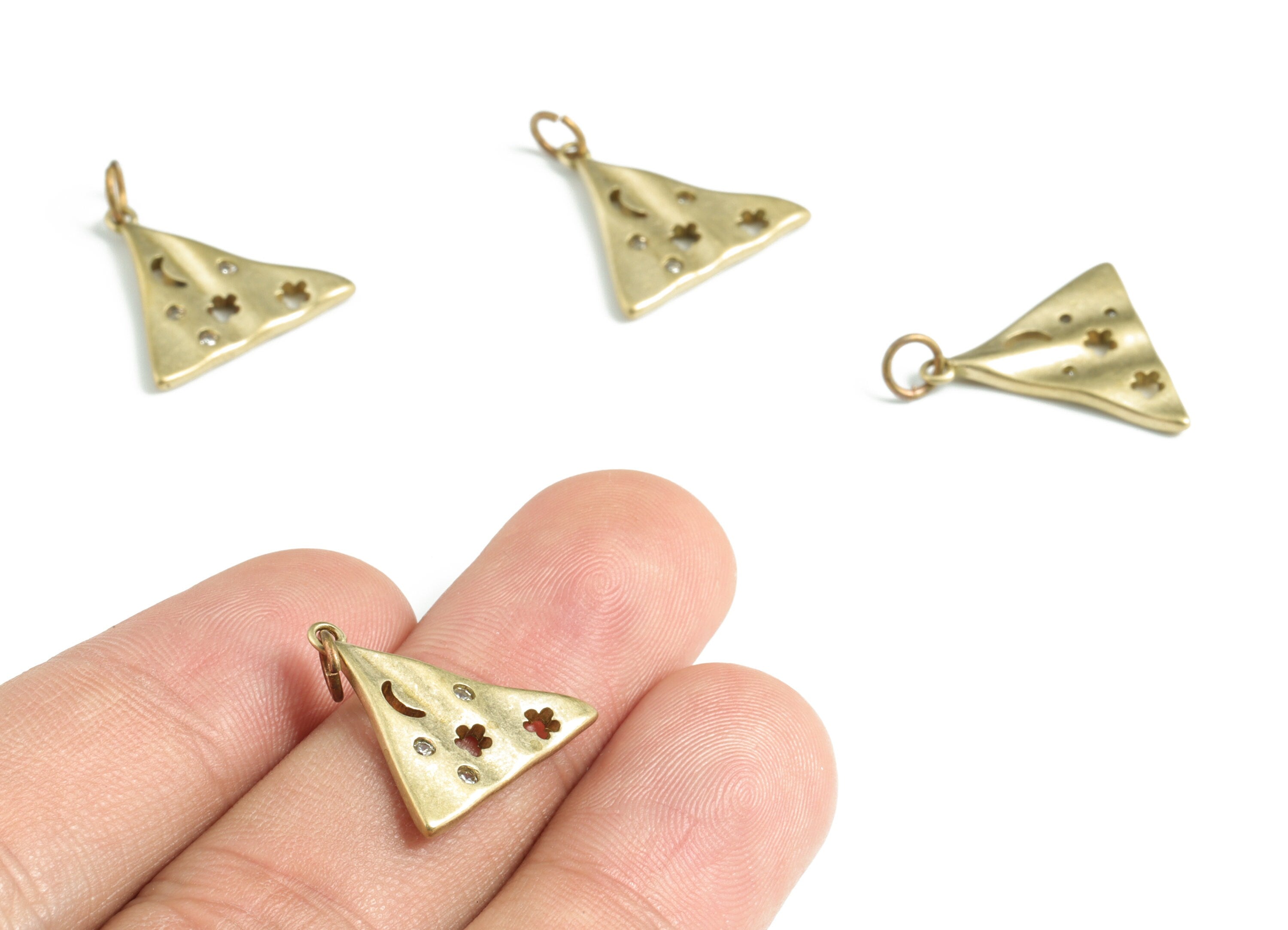 Brass Stars Triangle Earring Charms With Zircons - Raw Brass Star Crescent Pendant - Jewelry Supplies - 20.89x17.73x1.94mm - PP3583 - DOMEDBAZAAR