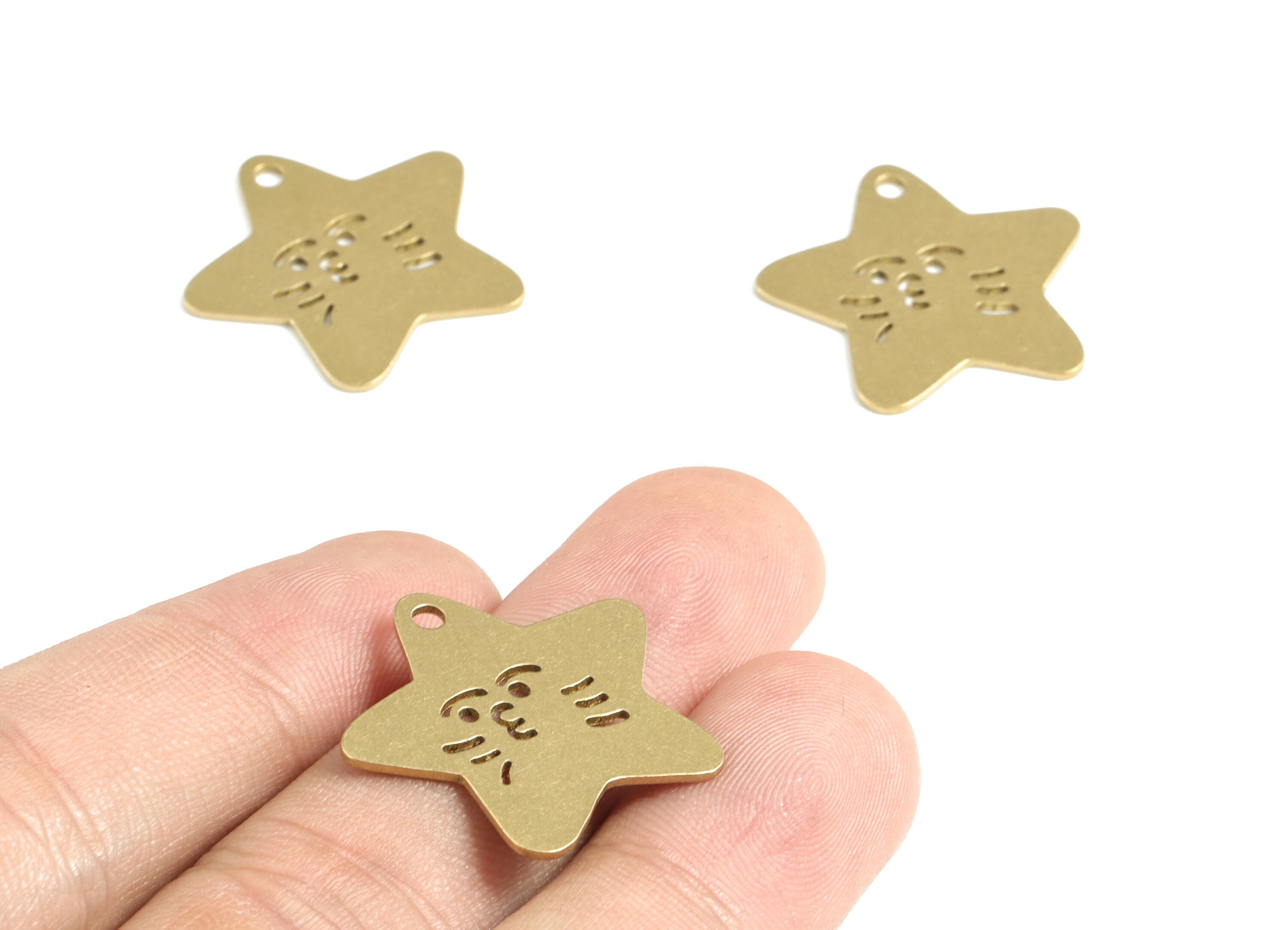 Brass Star Face Earring Charms - Raw Brass Star Face Pendant - Earrings Finding - Jewelry Supplies - 24.09x23.76x0.82mm - PPM3119 - DOMEDBAZAAR