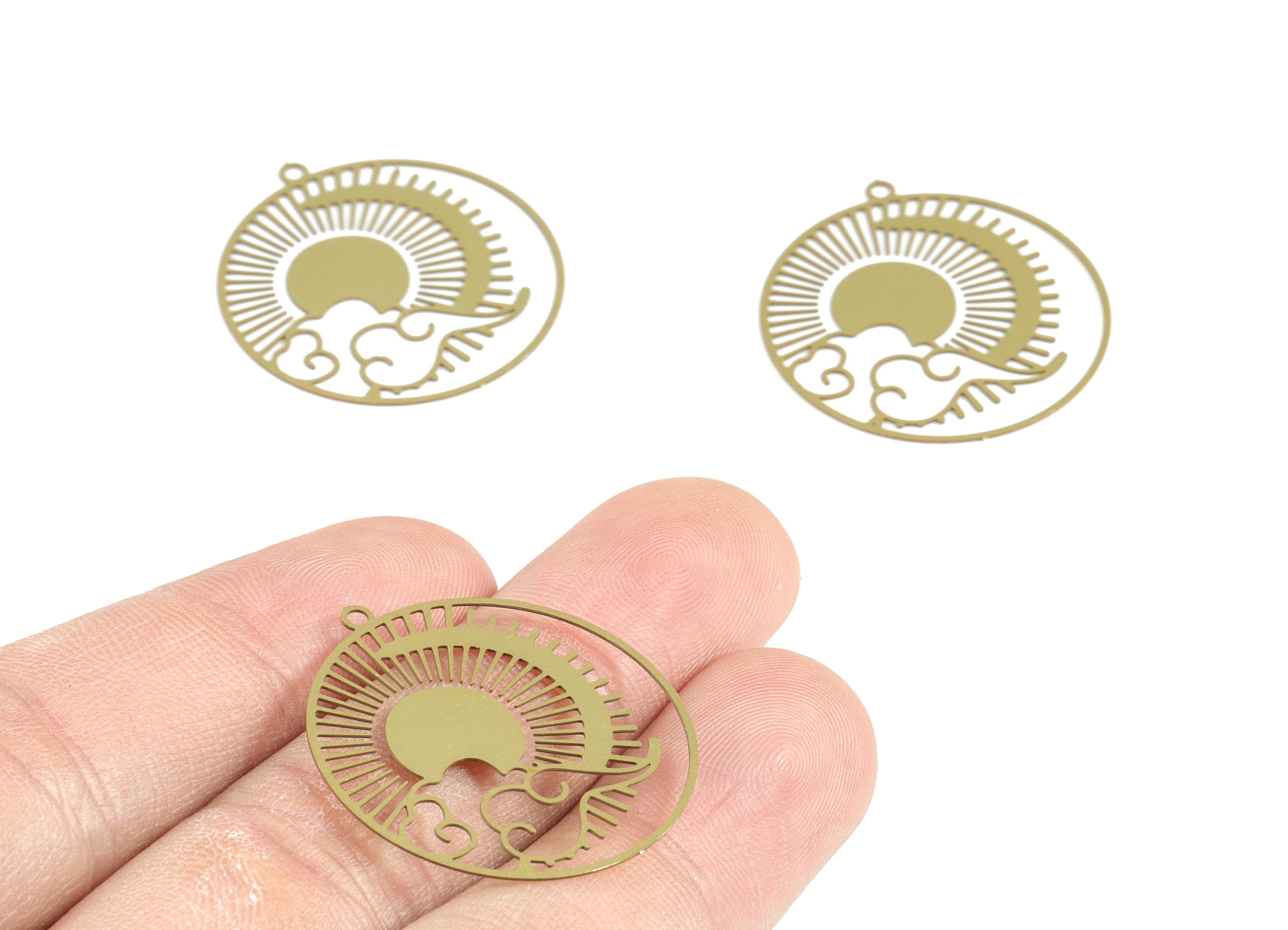 Brass Cloud Sun Circle Earring Charms - Raw Brass  Sun Clouds Round Pendant - Earring Findings - Jewelry Supplies - 30x27.6x0.29mm - JJB6294 - DOMEDBAZAAR