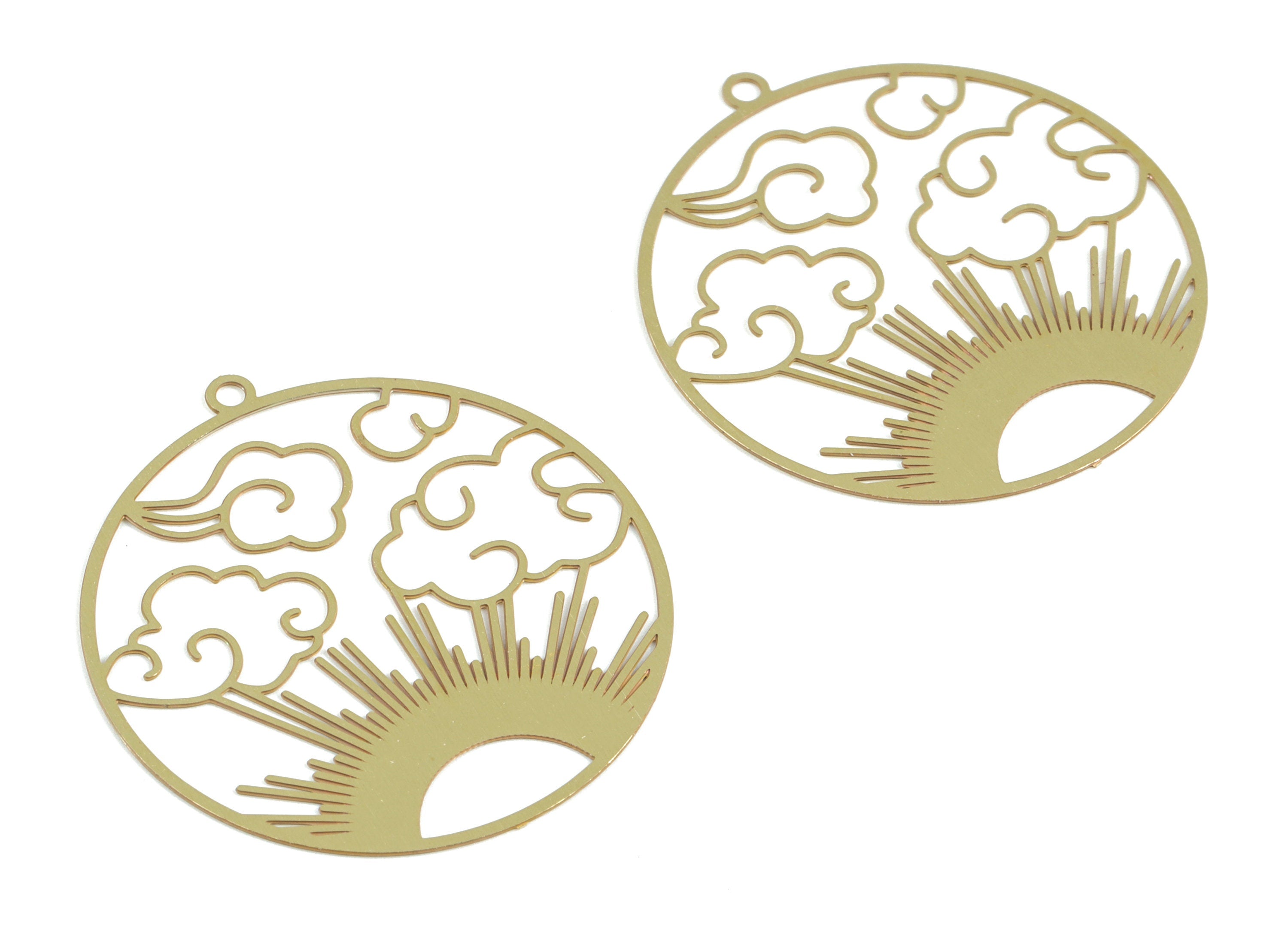 Brass Cloud Sun Circle Earring Charms - Raw Brass Sun Clouds Round Pendant - Earring Findings - Jewelry Supplies - 32.26x20x0.3mm - JJB6276 - DOMEDBAZAAR