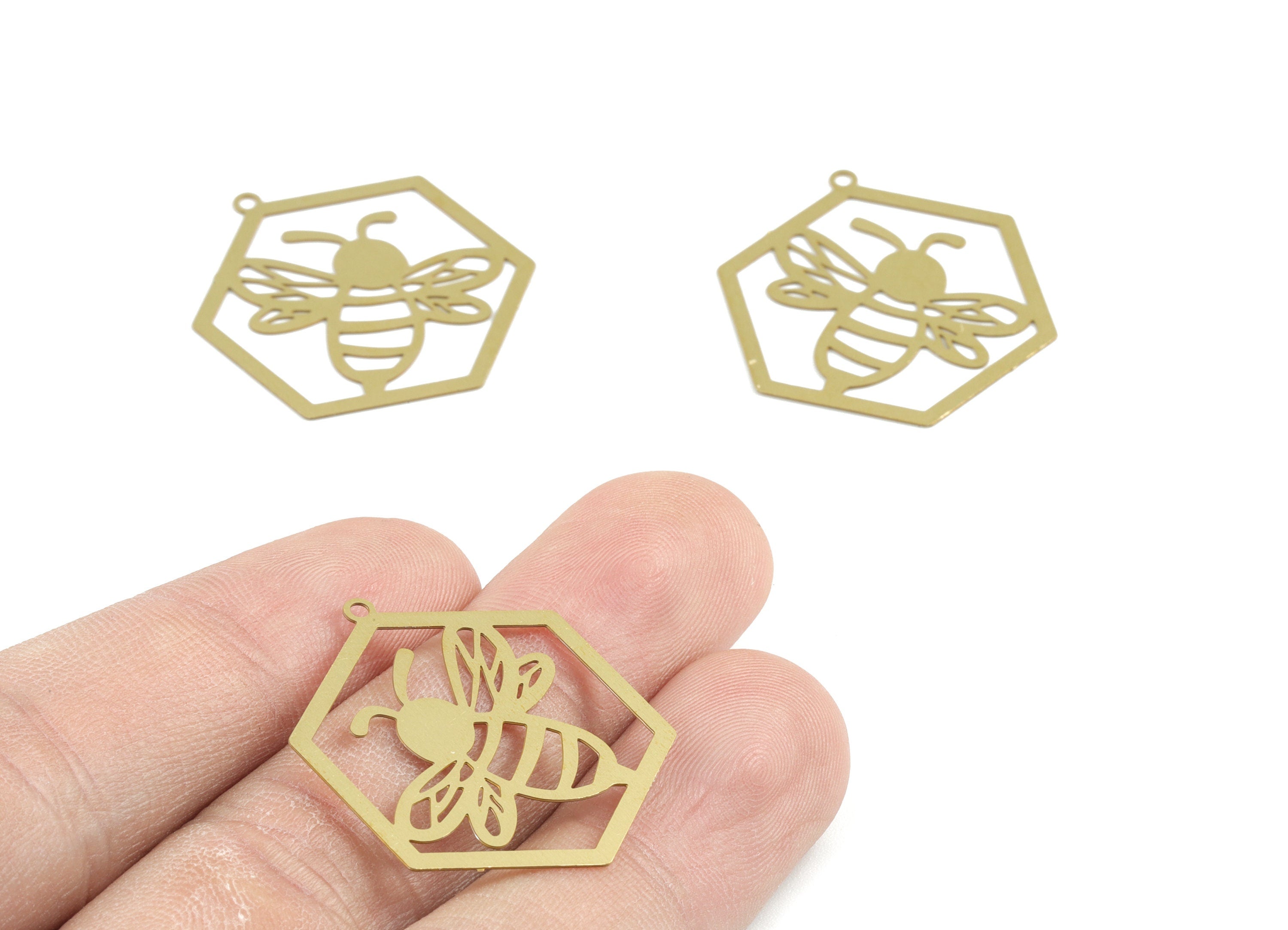 Brass Bee Hexagon Earring Charms - Raw Brass Bee Hexagon Pendant - Earring Findings - Jewelry Supplies - 29.82x25.38x0.3mm - JJB6298 - DOMEDBAZAAR