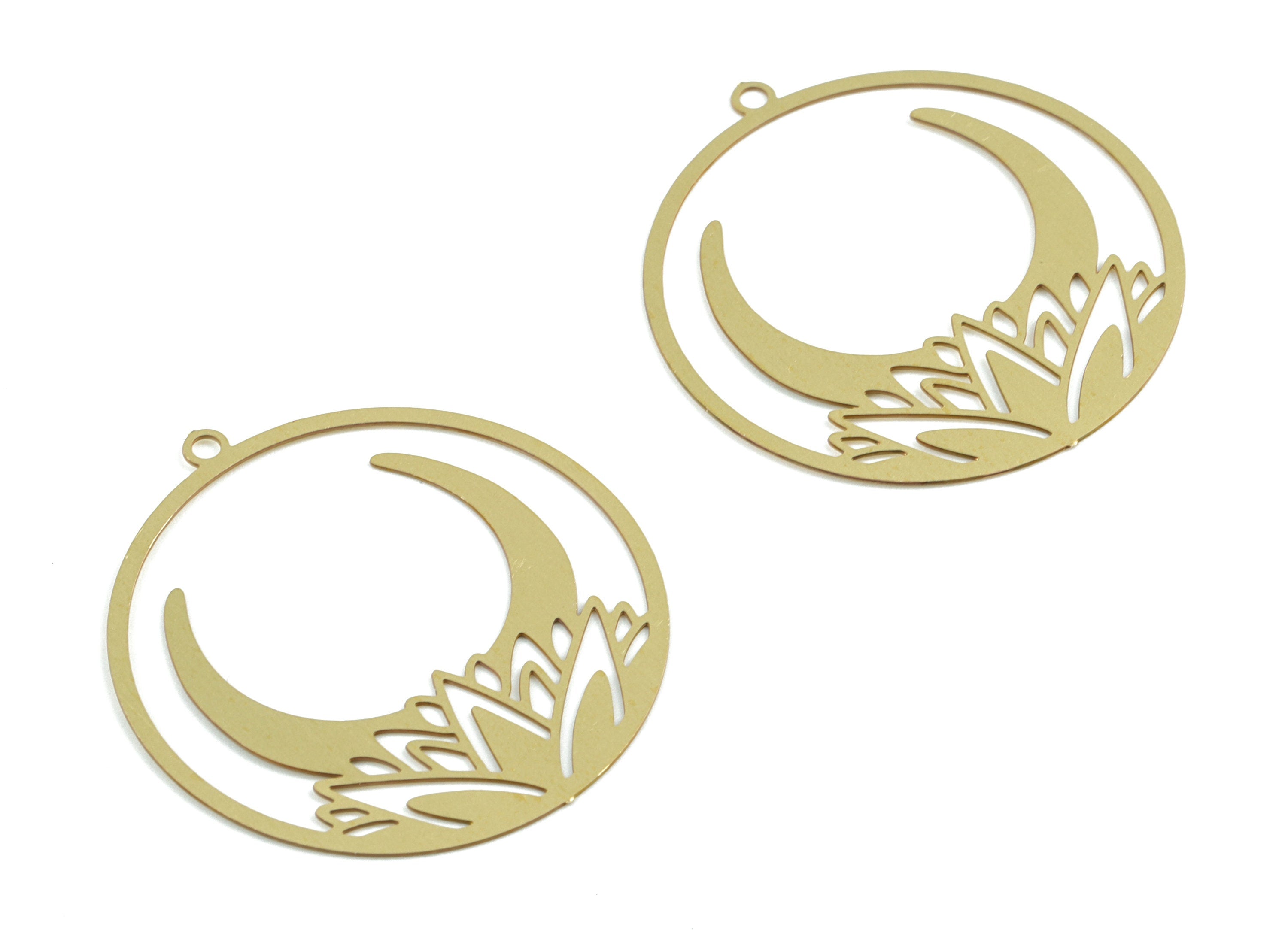 Brass Crescent Round Earring Charms - Raw Brass Moon Flower Circle Pendant - Jewelry Supplies - 32.28x29.85x0.3mm - JJB6274 - DOMEDBAZAAR