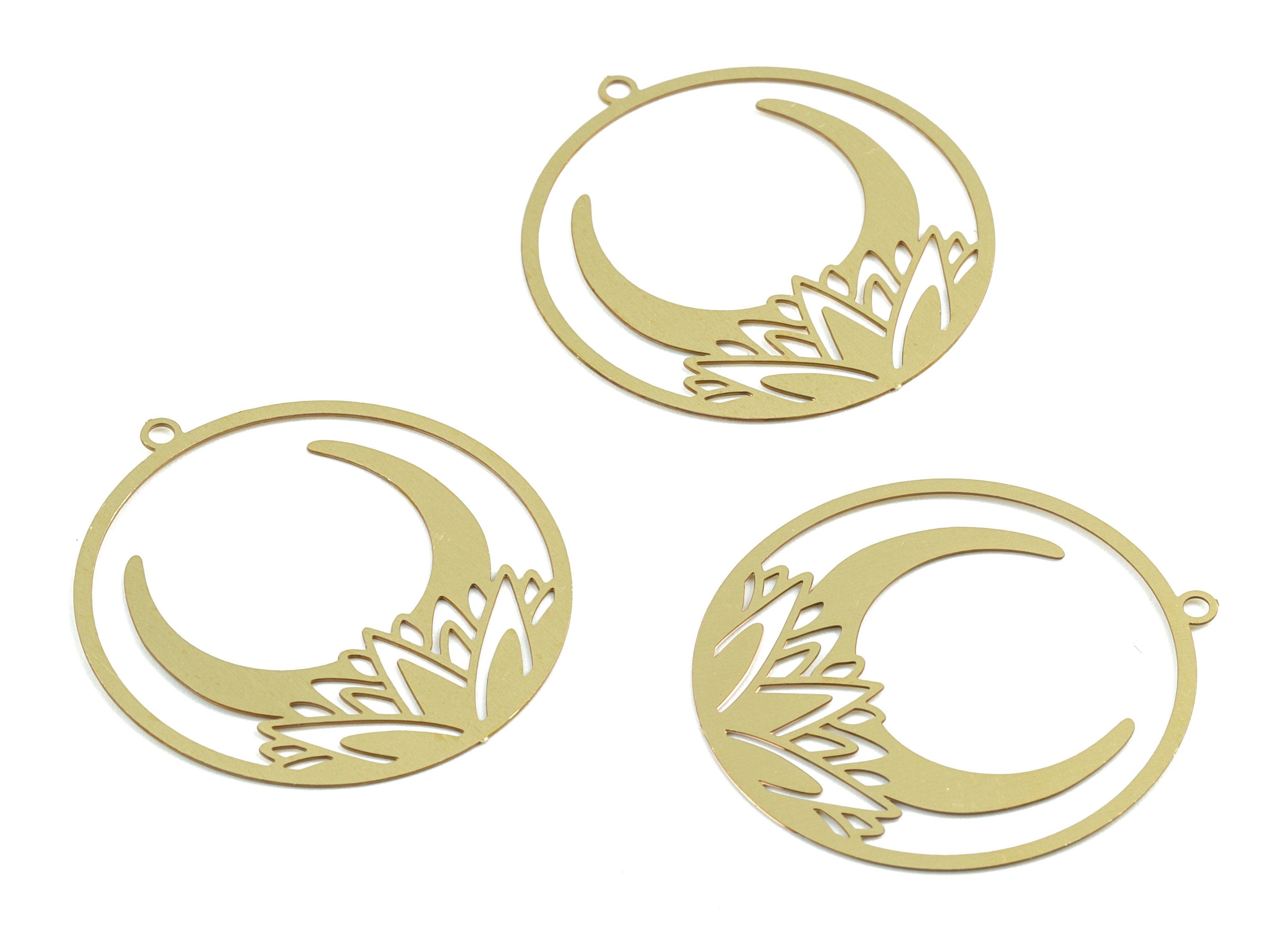 Brass Crescent Round Earring Charms - Raw Brass Moon Flower Circle Pendant - Jewelry Supplies - 32.28x29.85x0.3mm - JJB6274 - DOMEDBAZAAR