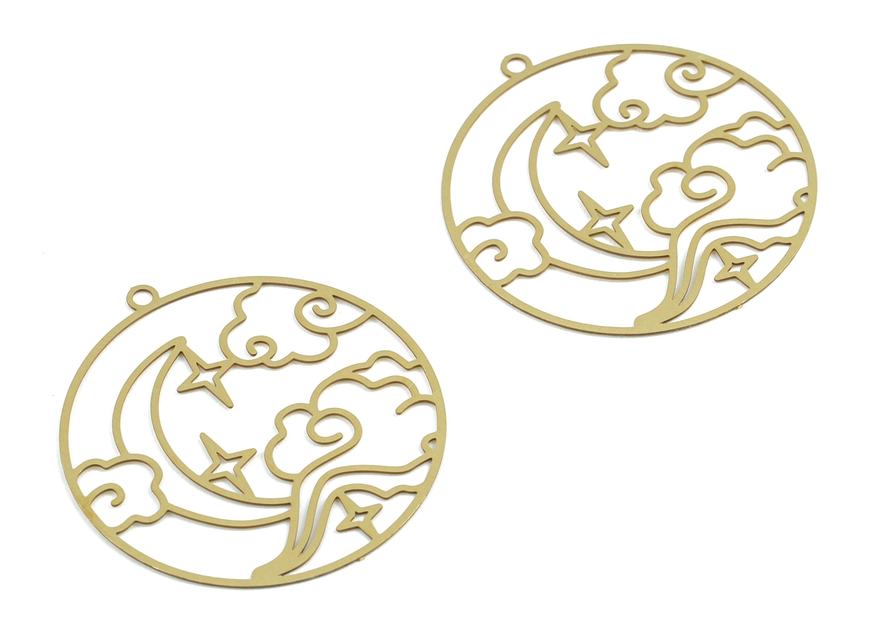 Brass Cloud Moon Earring Charms - Raw Brass Crescent Clouds Round Pendant - Earring Findings - Jewelry Supplies - 31.98x29.8x0.3mm - JJB6281 - DOMEDBAZAAR