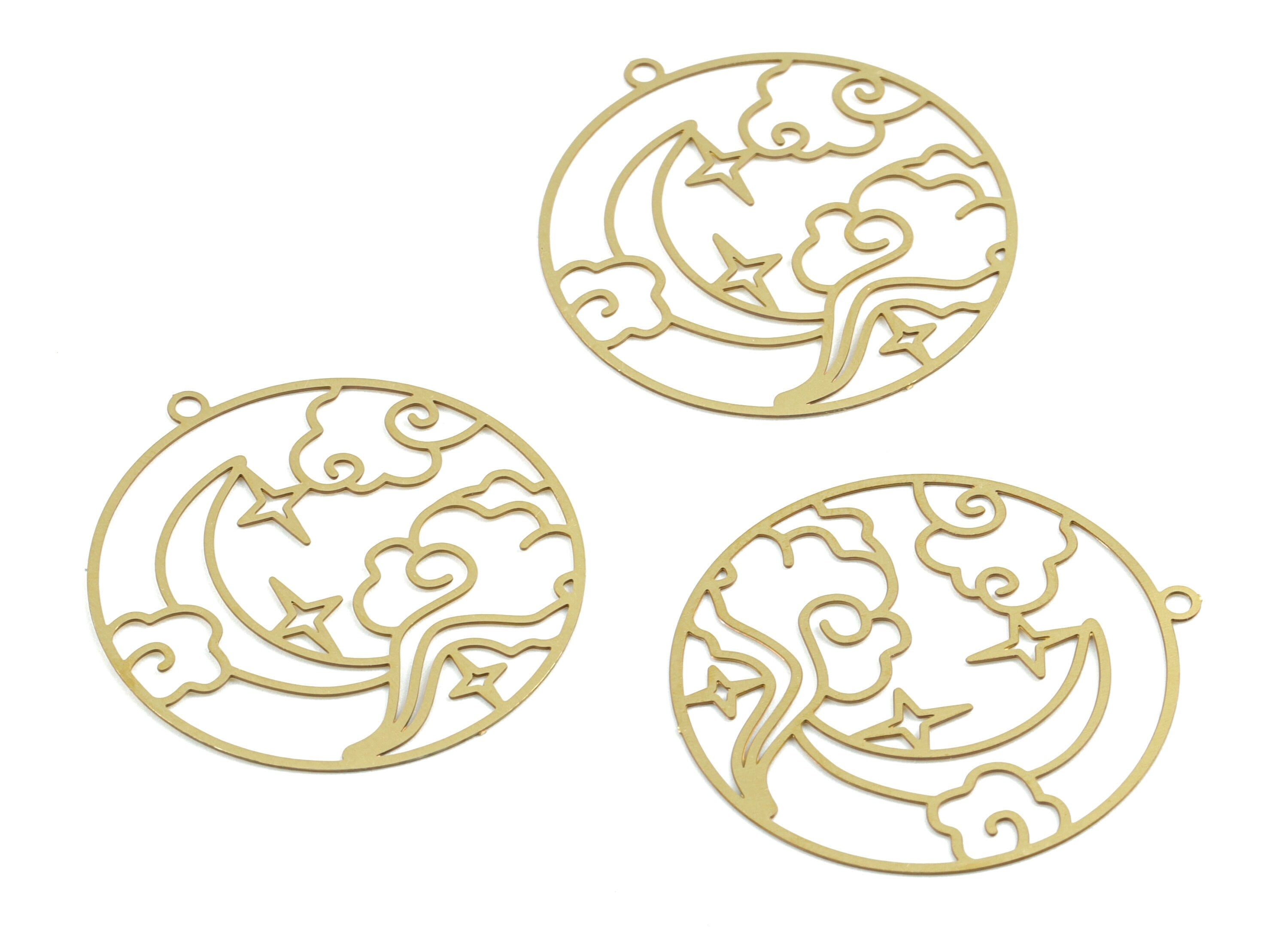 Brass Cloud Moon Earring Charms - Raw Brass Crescent Clouds Round Pendant - Earring Findings - Jewelry Supplies - 31.98x29.8x0.3mm - JJB6281 - DOMEDBAZAAR