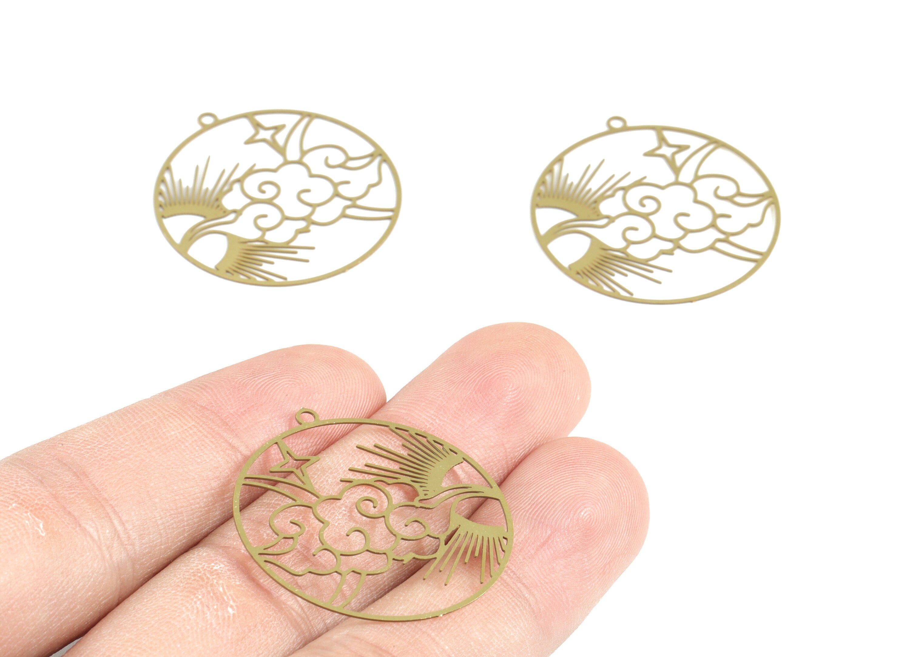 Brass Star Cloud Sun Earring Charms - Raw Brass Sun Star Clouds Round Pendant - Jewelry Supplies - 32.24x29.84x0.29mm - JJB6283 - DOMEDBAZAAR