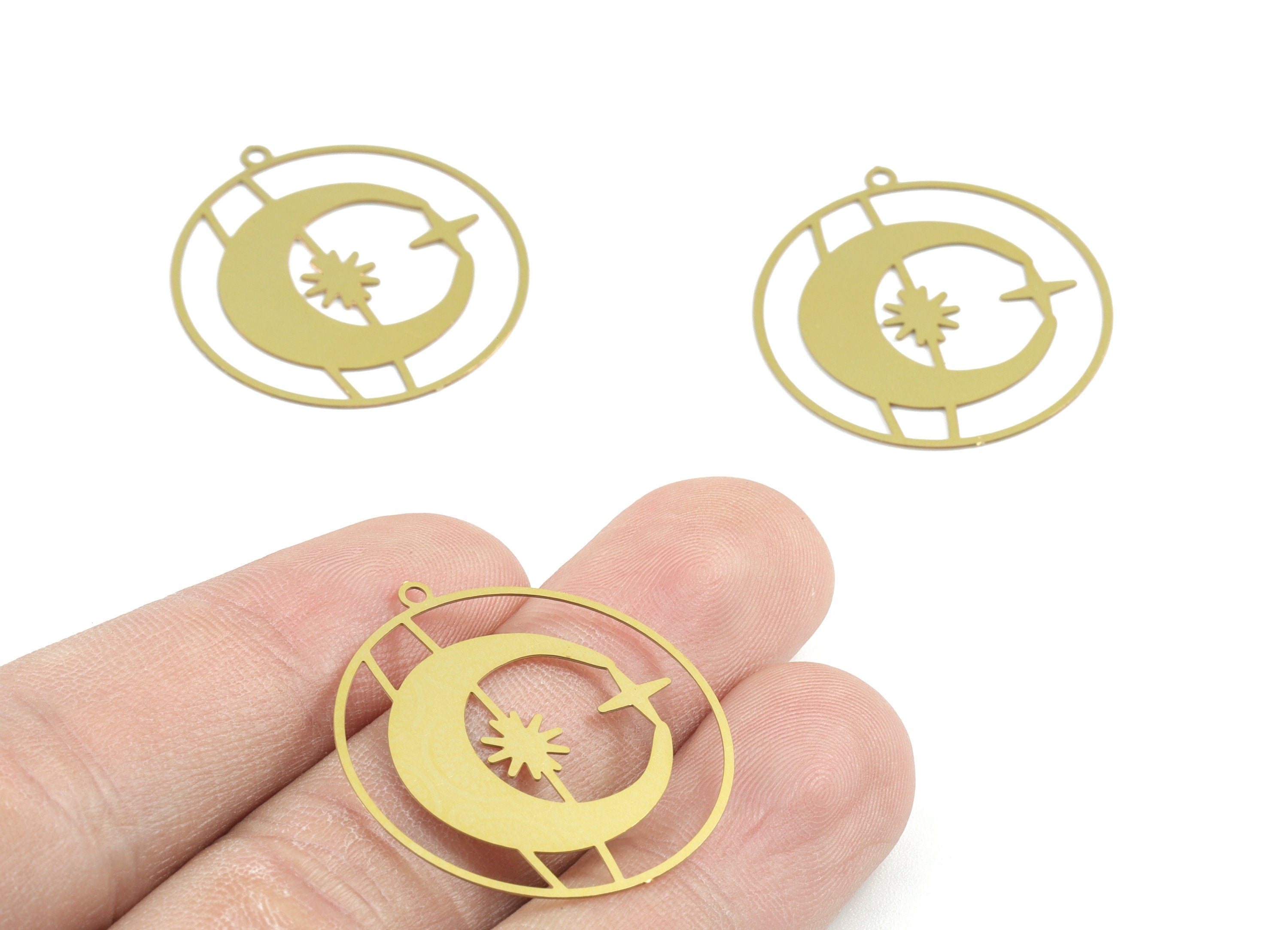 Brass Star Crescent Earring Charms - Raw Brass Circle Star Moon Pendant - Earring Findings - Jewelry Supplies - 31.11x27.92x0.3mm - JJB6295 - DOMEDBAZAAR