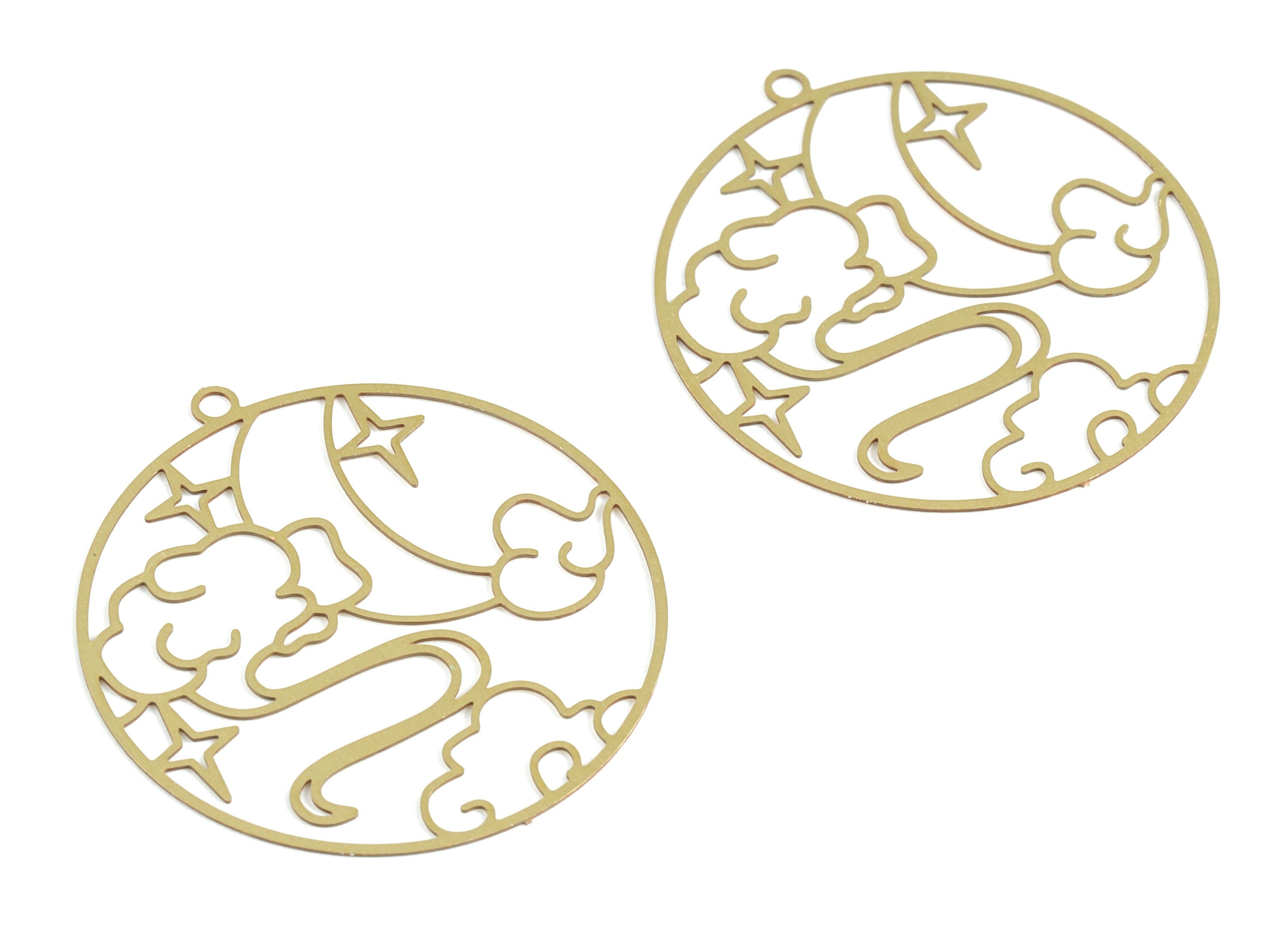 Brass Cloud Stars Crescent Earring Charms - Raw Brass Moon Star Circle Pendant - Jewelry Supplies - 32.21x29.75x0.3mm - JJB6284 - DOMEDBAZAAR